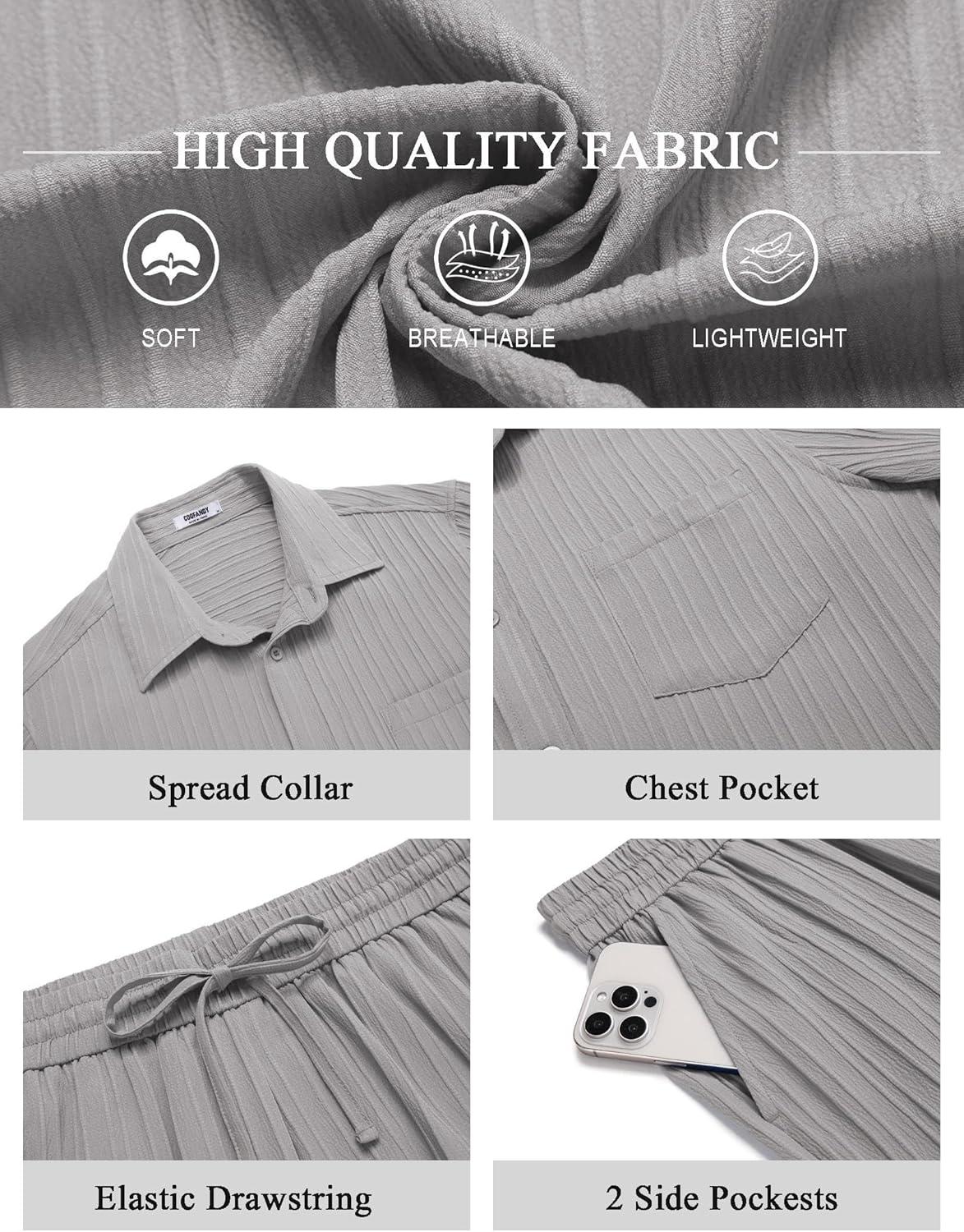 imageCOOFANDY Mens Beach Outfits 2 Piece Sets Casual Short Sleeve Button Down Summer Textured ShirtLight Gray