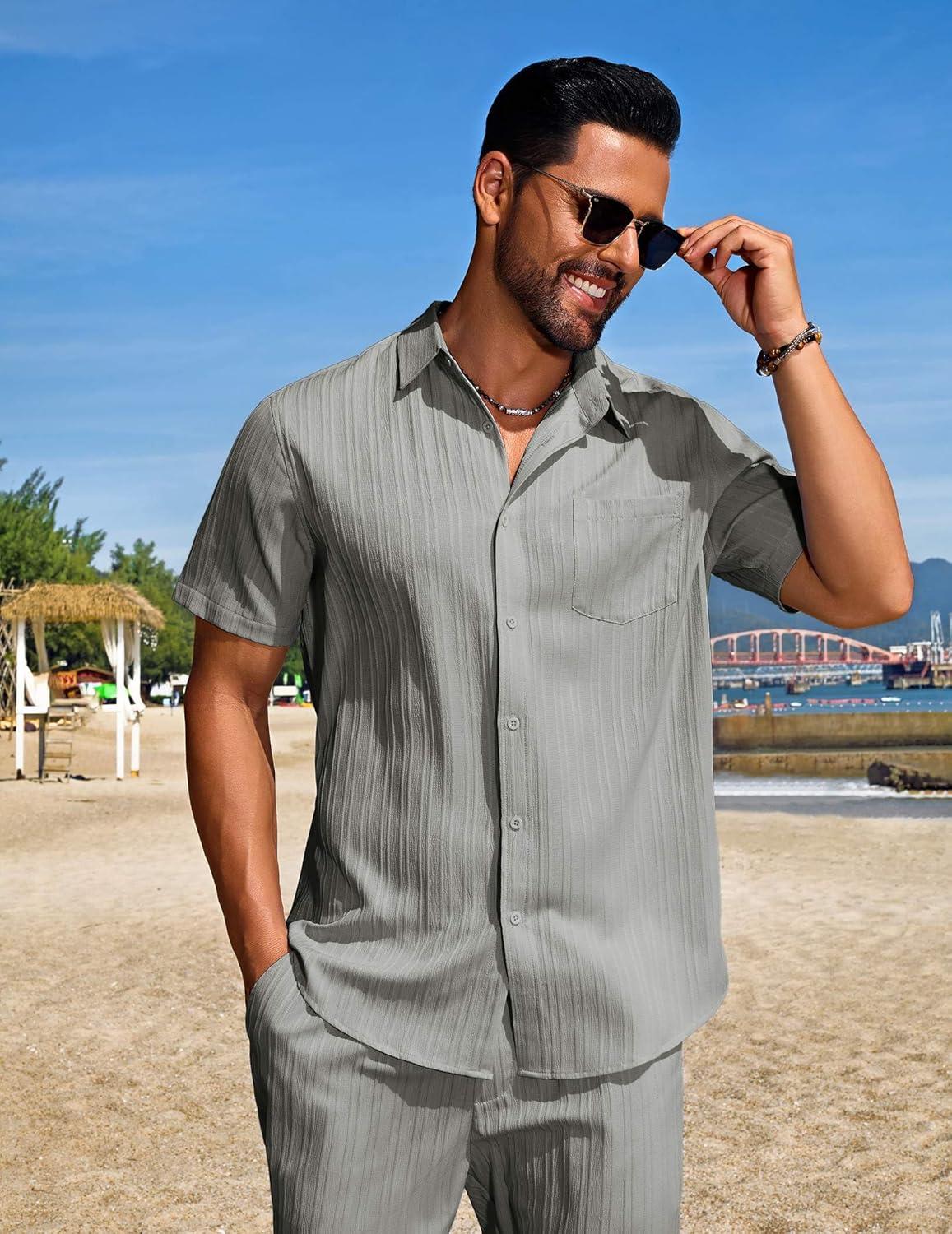imageCOOFANDY Mens Beach Outfits 2 Piece Sets Casual Short Sleeve Button Down Summer Textured ShirtLight Gray