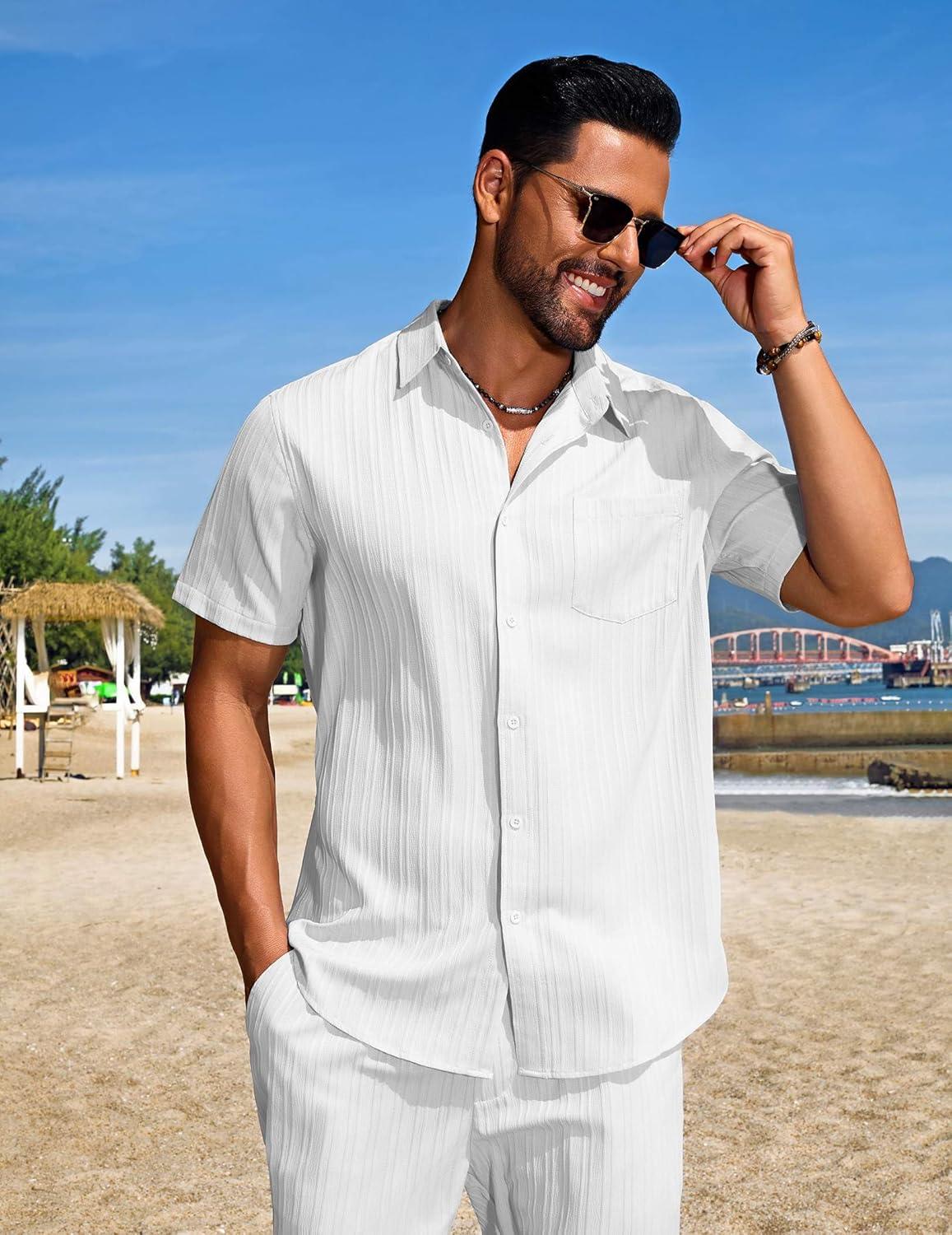 imageCOOFANDY Mens Beach Outfits 2 Piece Sets Casual Short Sleeve Button Down Summer Textured ShirtWhite
