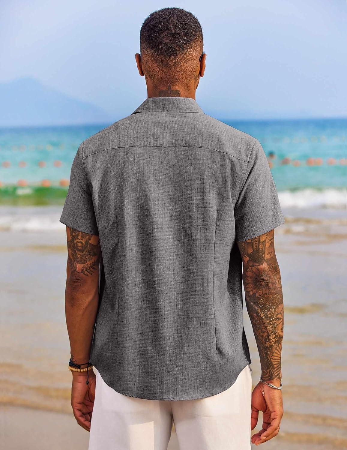 imageCOOFANDY Mens Beach Shirt Short Sleeve Untucked Button Up Shirt Wedding Attire ADark Grey