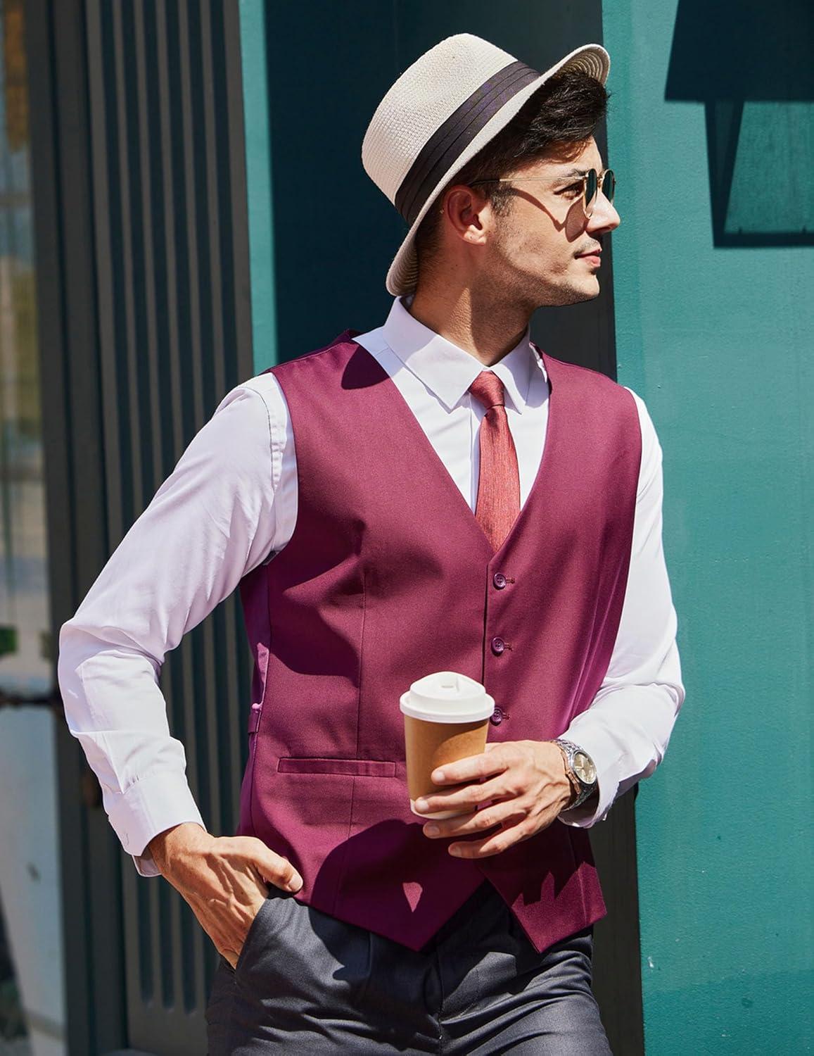 imageCOOFANDY Mens Business Suit Vest Casual Dress Vest Slim Fit Formal WaistcoatWine Red