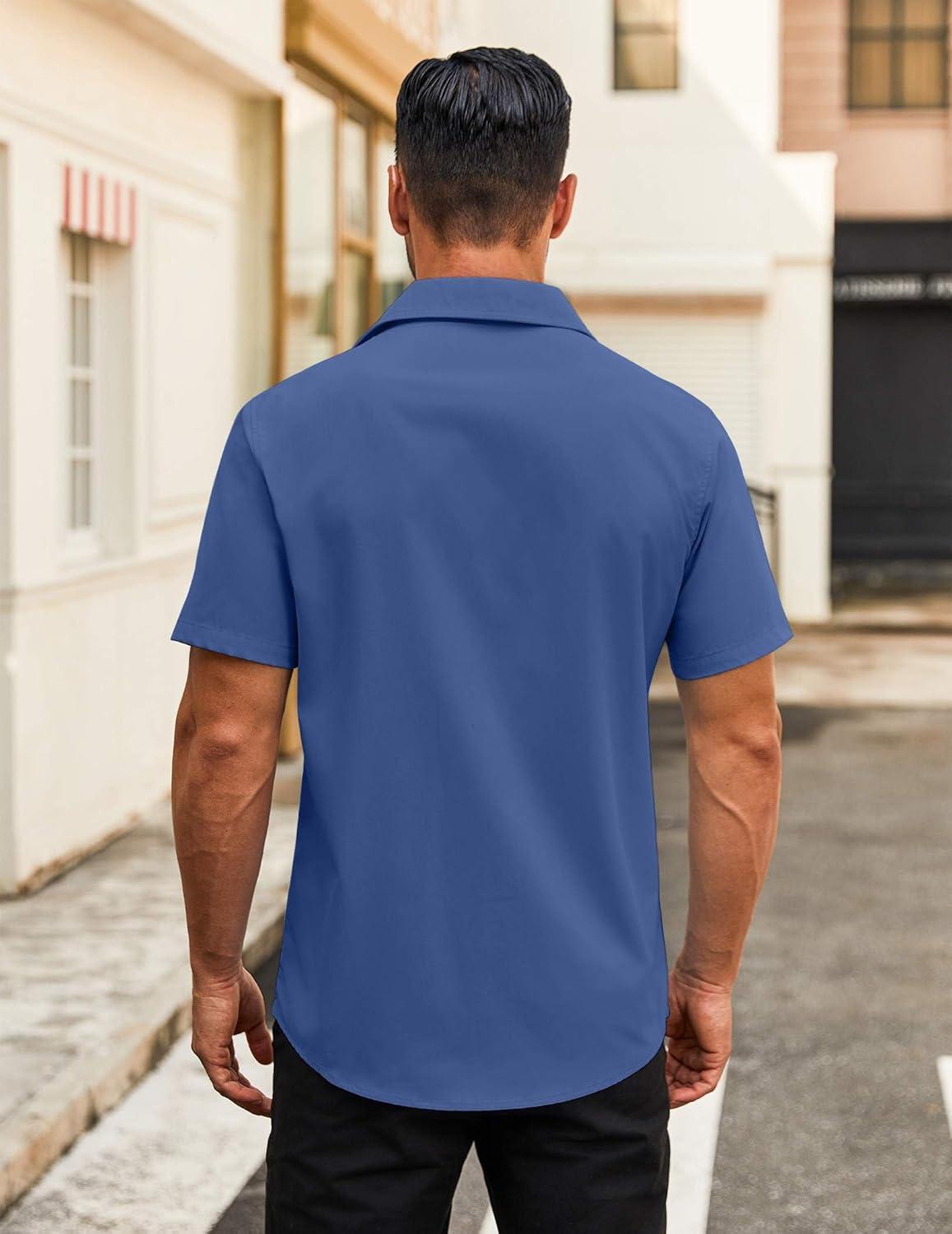 imageCOOFANDY Mens Button Down Shirts Short Sleeve Casual Dress Shirts Untucked Summer Shirt with PocketDenim Blue
