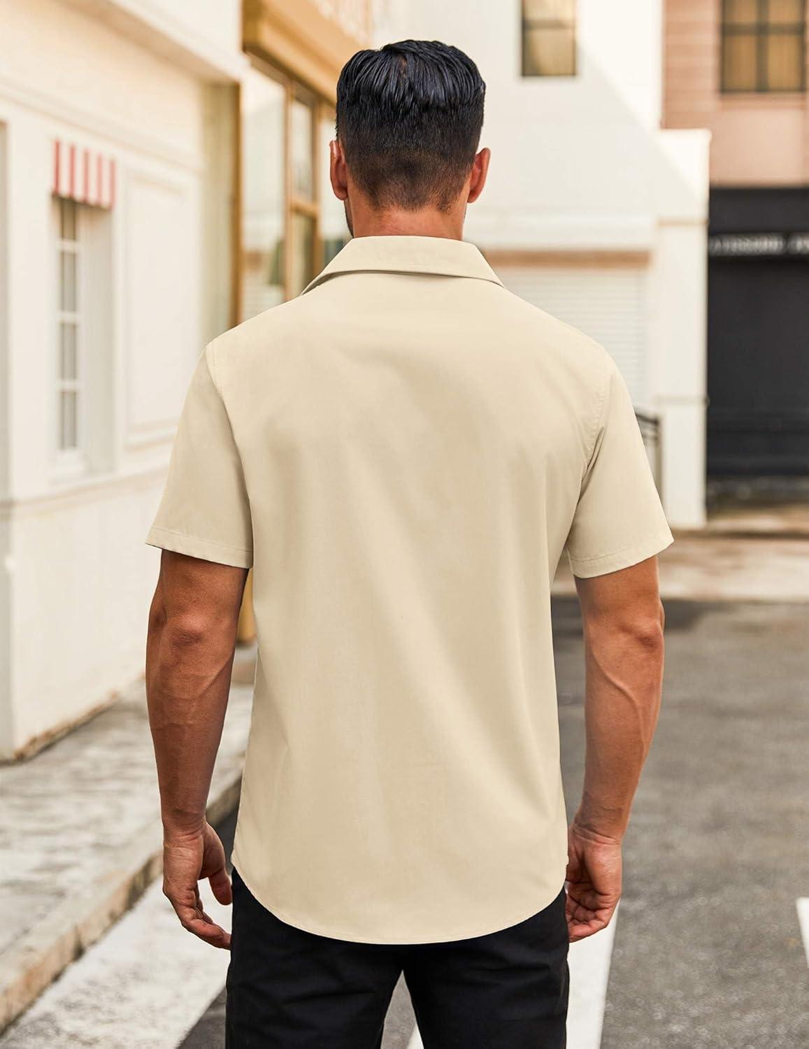 imageCOOFANDY Mens Button Down Shirts Short Sleeve Casual Dress Shirts Untucked Summer Shirt with PocketLight Khaki