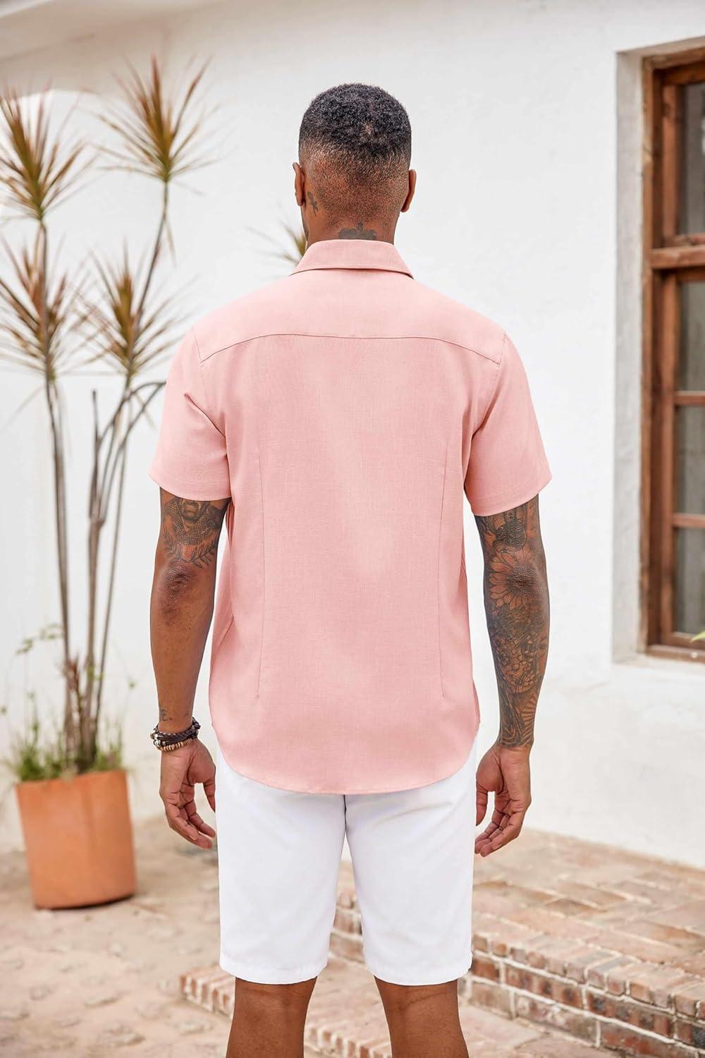 imageCOOFANDY Mens Button Down Shirts Short Sleeve Casual Shirts Summer Beach Shirts Vacation Wedding Shirts with PocketPink