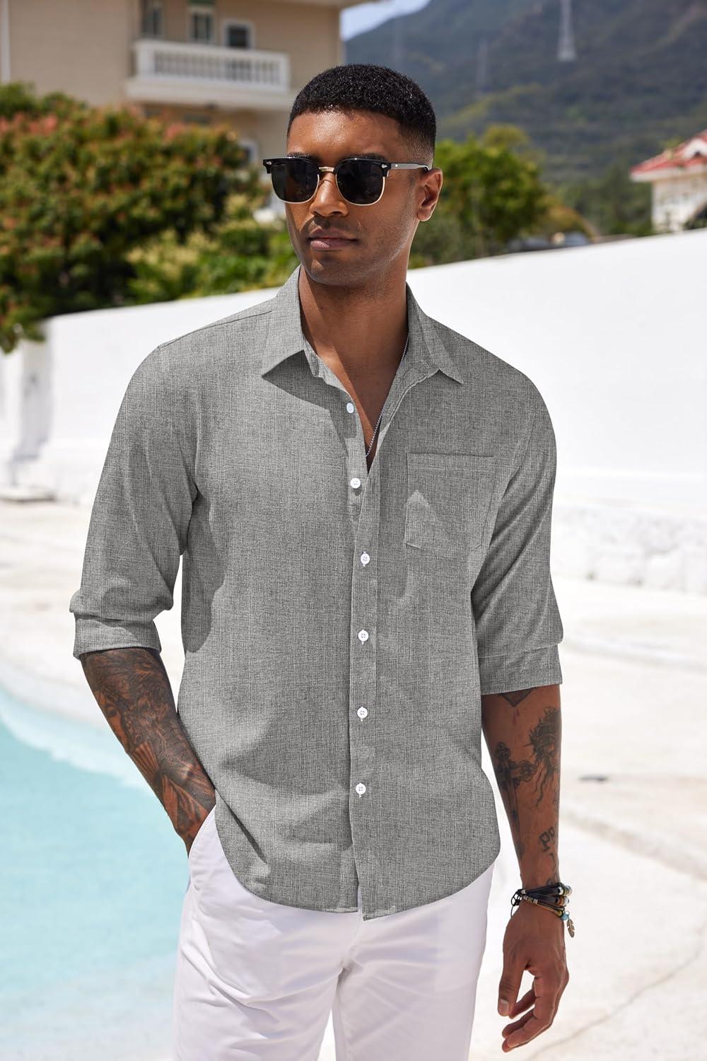 imageCOOFANDY Mens Button Down Shirts Short Sleeve Casual Summer Beach Shirts for Men Vacation Wedding Linen Shirt1 Light Grey