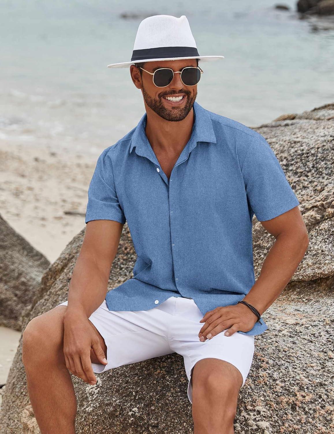 imageCOOFANDY Mens Button Down Shirts Short Sleeve Casual Summer Beach Shirts for Men Vacation Wedding Linen ShirtBlue