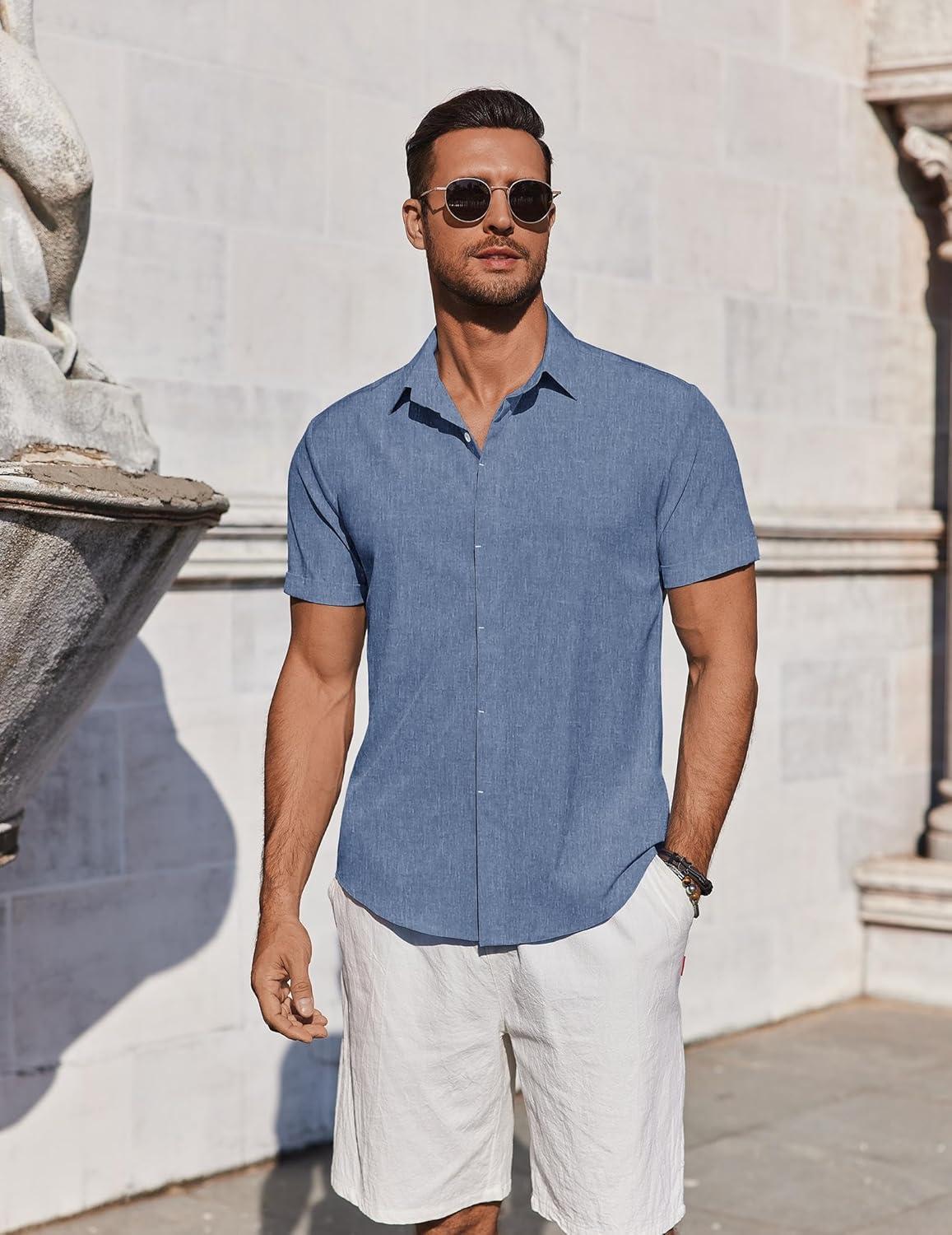 imageCOOFANDY Mens Button Down Shirts Short Sleeve Casual Summer Beach Shirts for Men Vacation Wedding Linen ShirtBlue