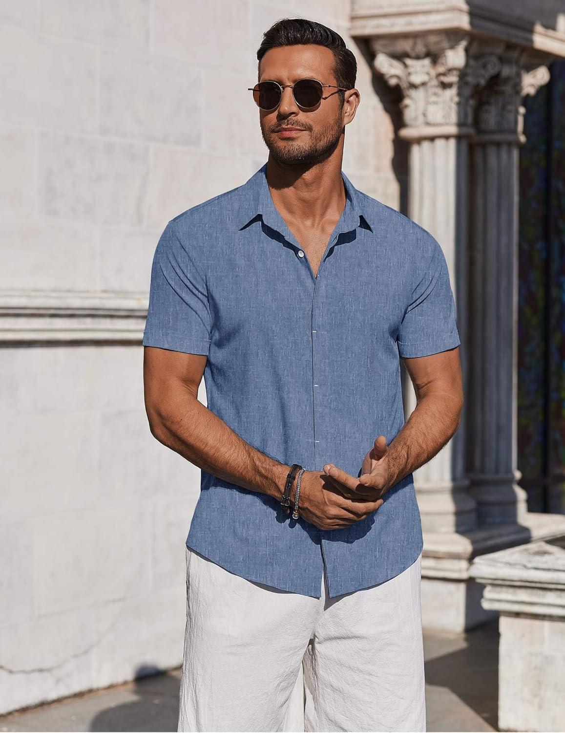 imageCOOFANDY Mens Button Down Shirts Short Sleeve Casual Summer Beach Shirts for Men Vacation Wedding Linen ShirtBlue