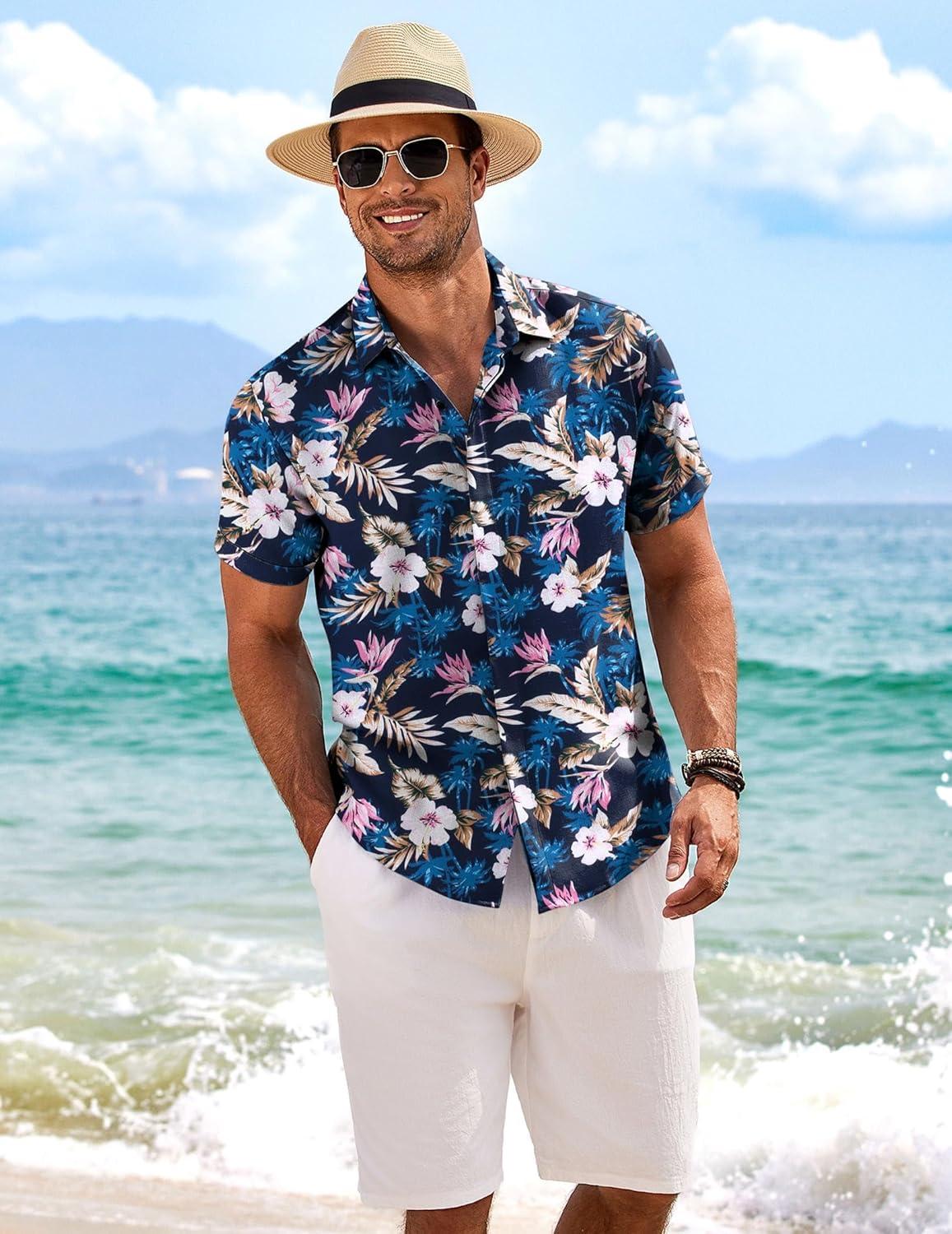 imageCOOFANDY Mens Button Down Shirts Short Sleeve Casual Summer Beach Shirts for Men Vacation Wedding Linen ShirtBlue Floral