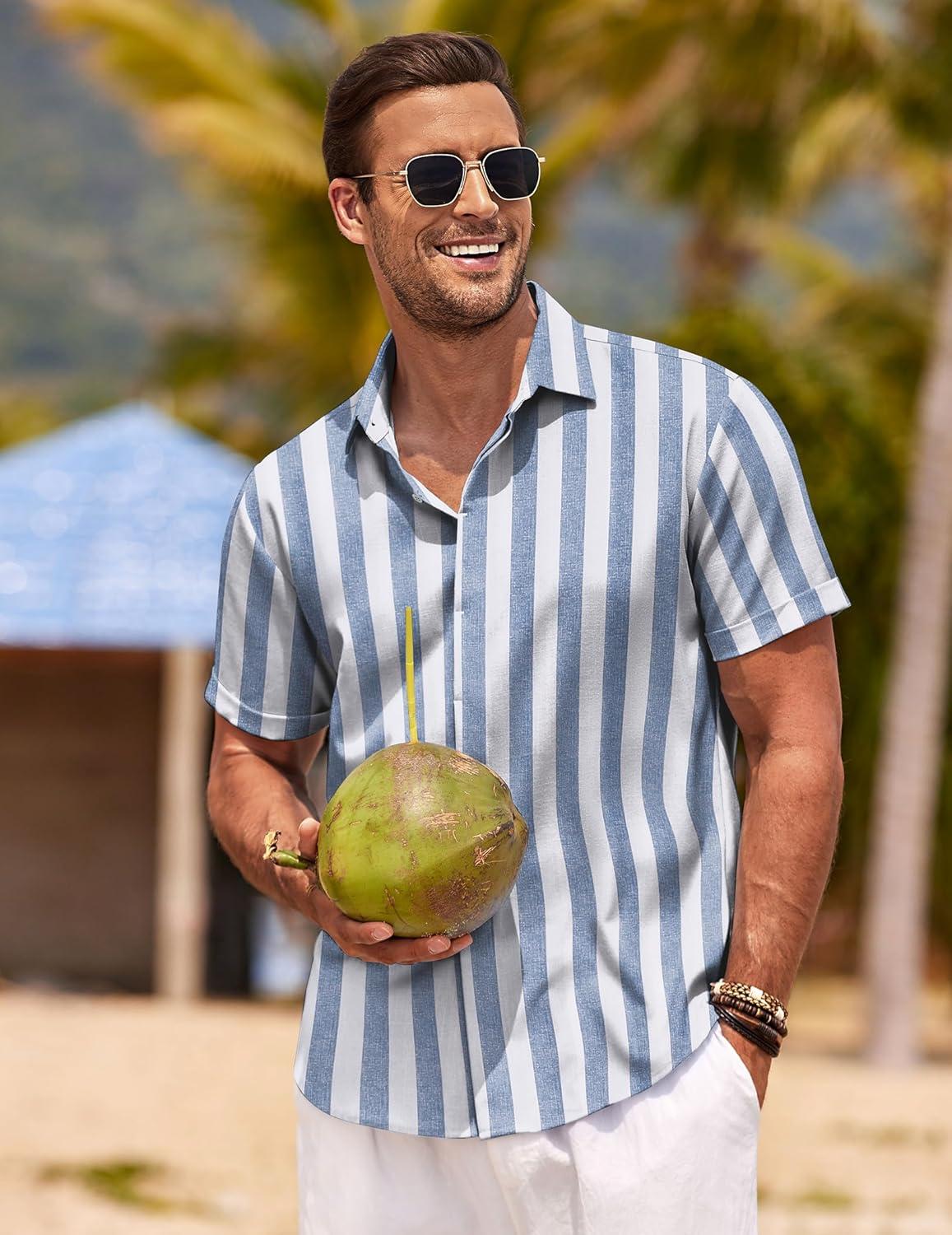 imageCOOFANDY Mens Button Down Shirts Short Sleeve Casual Summer Beach Shirts for Men Vacation Wedding Linen ShirtBluewhite Stripes