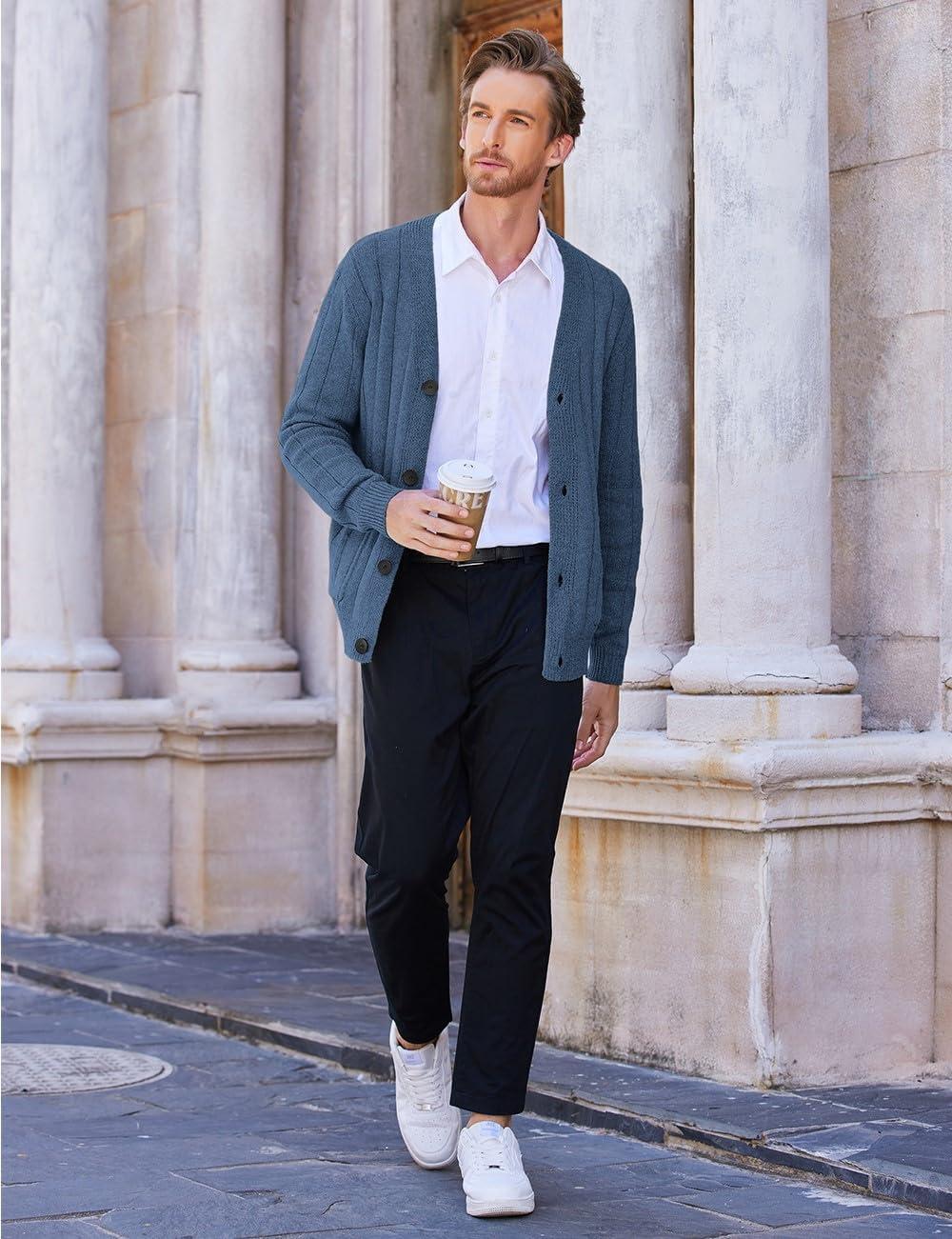 imageCOOFANDY Mens Cardigan Sweater Cable Knit V Neck Button up Sweaters Ribbed Cardigan Sweater with PocketsBlue