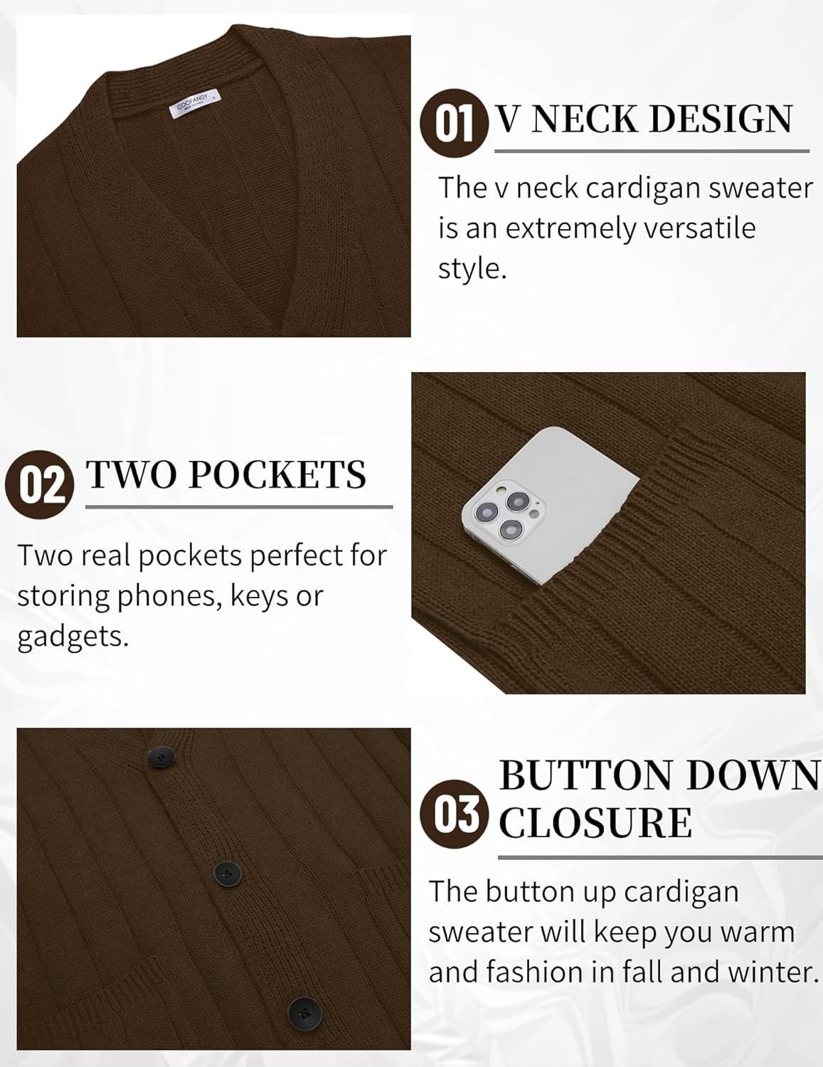 imageCOOFANDY Mens Cardigan Sweater Cable Knit V Neck Button up Sweaters Ribbed Cardigan Sweater with PocketsBrown