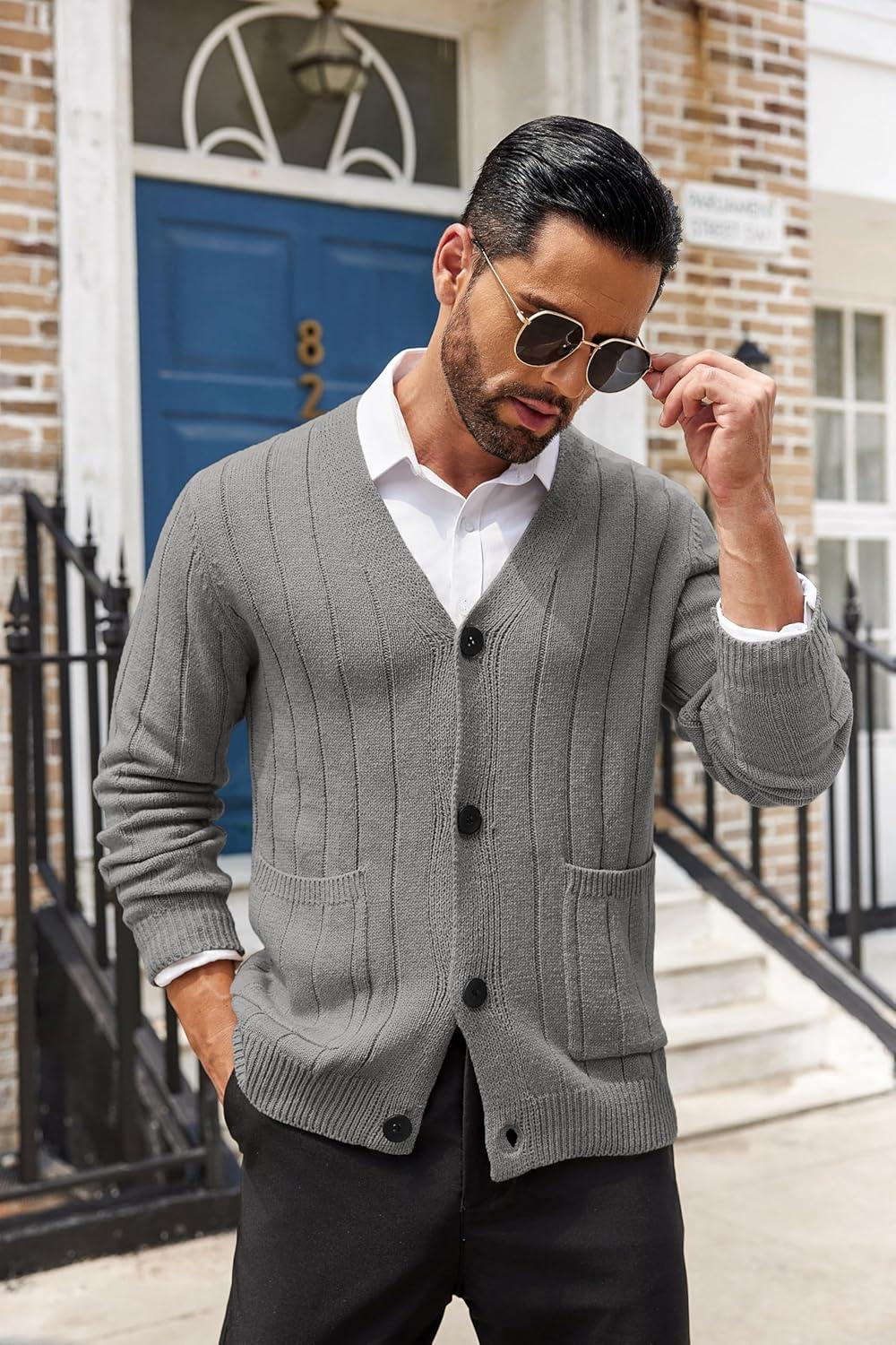 imageCOOFANDY Mens Cardigan Sweater Cable Knit V Neck Button up Sweaters Ribbed Cardigan Sweater with PocketsGrey