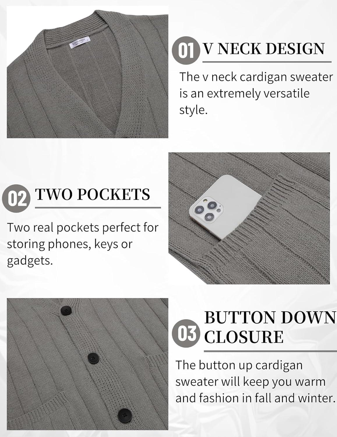 imageCOOFANDY Mens Cardigan Sweater Cable Knit V Neck Button up Sweaters Ribbed Cardigan Sweater with PocketsGrey
