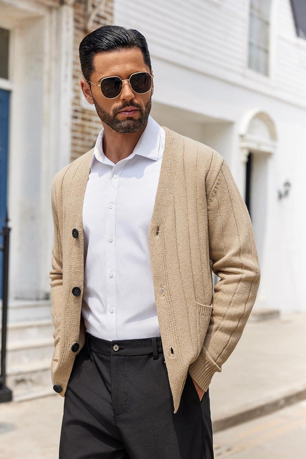 imageCOOFANDY Mens Cardigan Sweater Cable Knit V Neck Button up Sweaters Ribbed Cardigan Sweater with PocketsKhaki