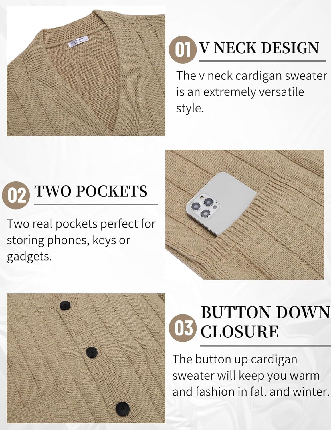 imageCOOFANDY Mens Cardigan Sweater Cable Knit V Neck Button up Sweaters Ribbed Cardigan Sweater with PocketsKhaki