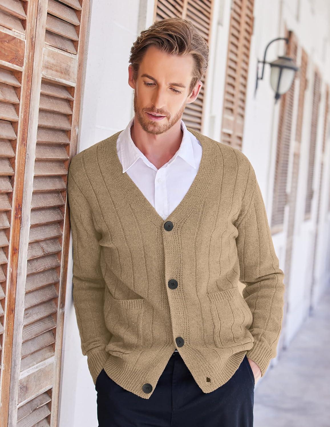 imageCOOFANDY Mens Cardigan Sweater Cable Knit V Neck Button up Sweaters Ribbed Cardigan Sweater with PocketsKhaki