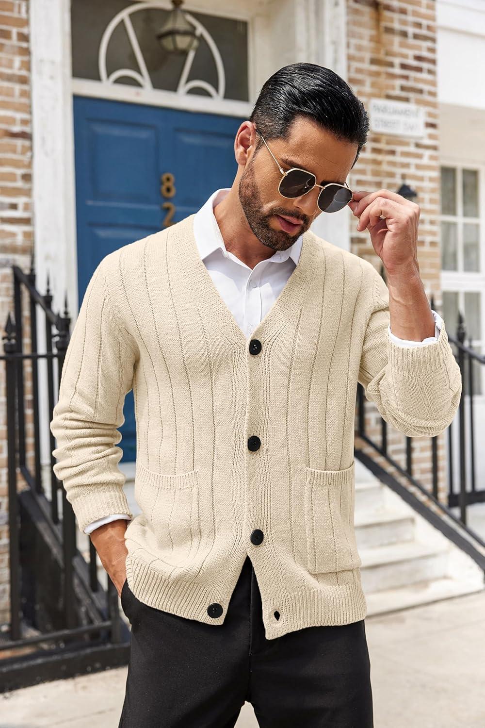 imageCOOFANDY Mens Cardigan Sweater Cable Knit V Neck Button up Sweaters Ribbed Cardigan Sweater with PocketsLight Khaki