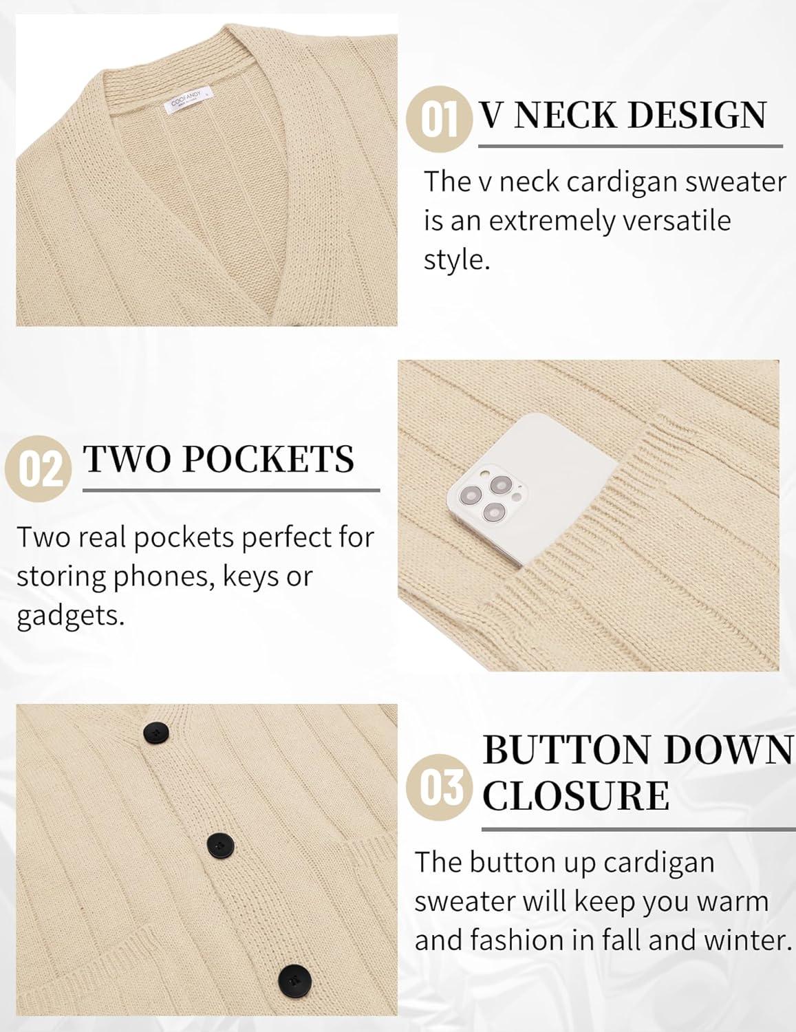 imageCOOFANDY Mens Cardigan Sweater Cable Knit V Neck Button up Sweaters Ribbed Cardigan Sweater with PocketsLight Khaki