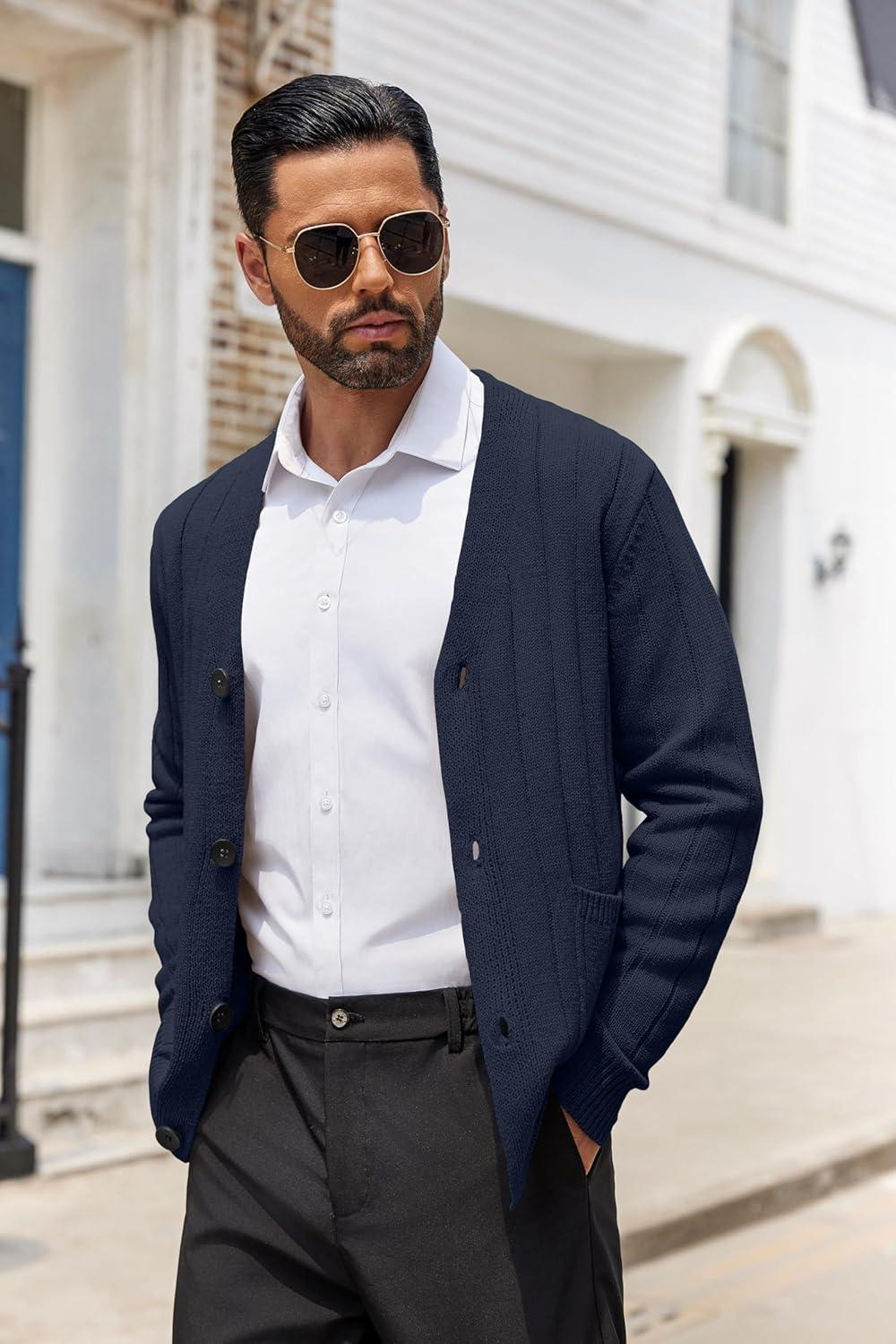 imageCOOFANDY Mens Cardigan Sweater Cable Knit V Neck Button up Sweaters Ribbed Cardigan Sweater with PocketsNavy Blue