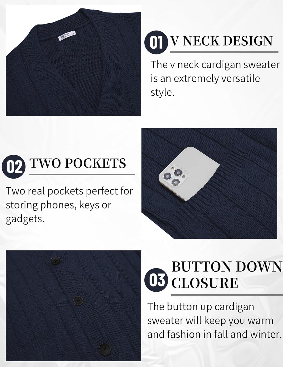 imageCOOFANDY Mens Cardigan Sweater Cable Knit V Neck Button up Sweaters Ribbed Cardigan Sweater with PocketsNavy Blue