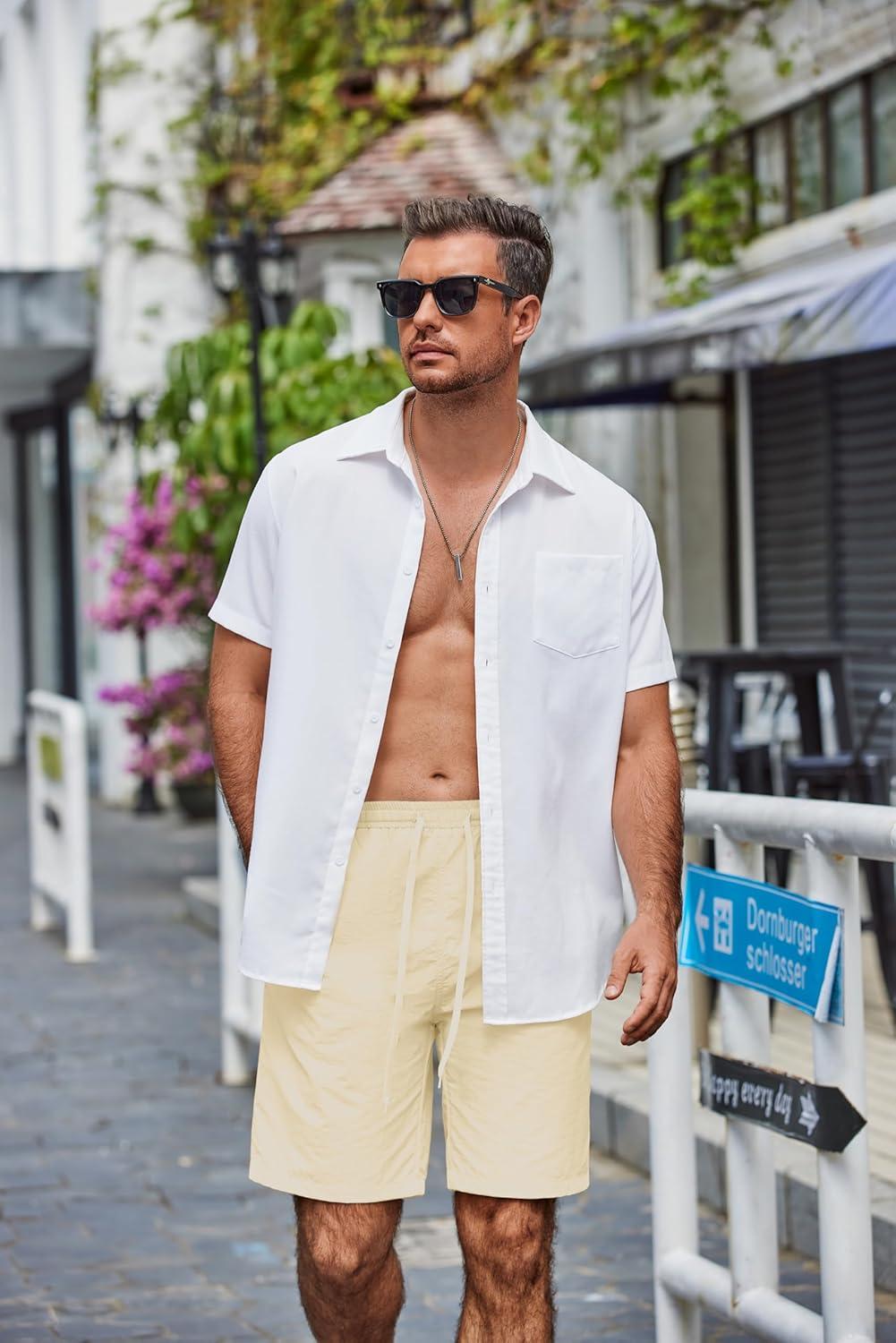 imageCOOFANDY Mens Casual Beach Shorts Summer Elastic Waist Shorts Lightweight Drawstring Golf ShortsBeige