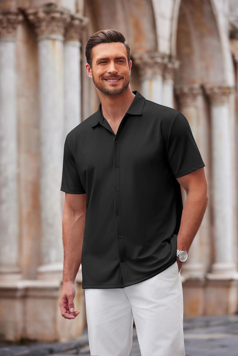 imageCOOFANDY Mens Casual Button Down Shirt Short Sleeve Wrinkle Free Shirts Summer ShirtBlack