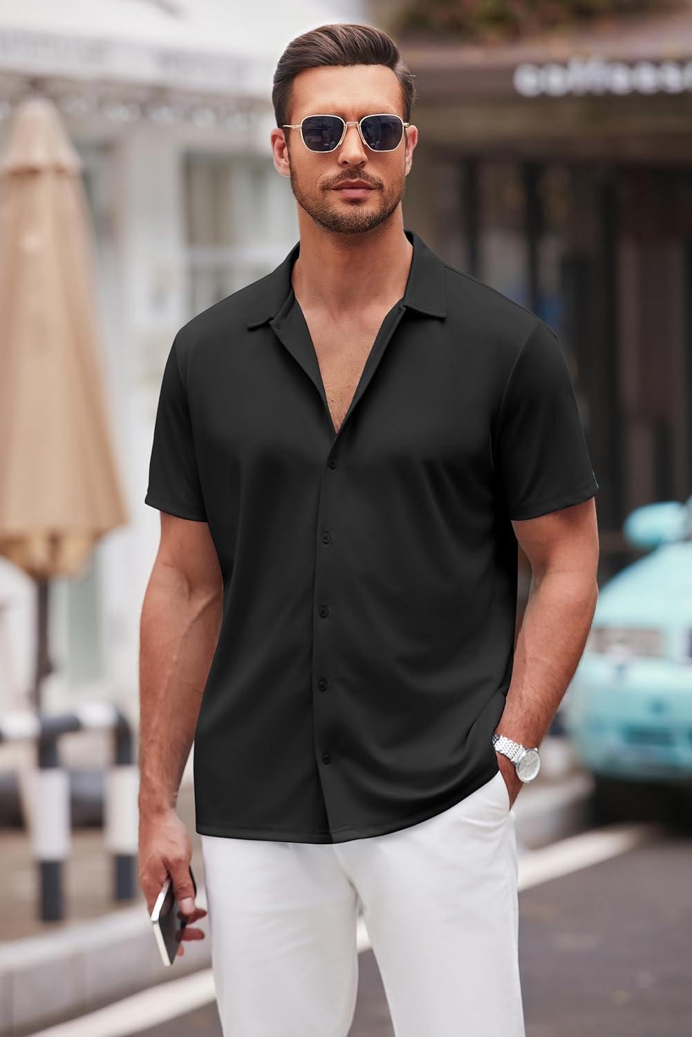 imageCOOFANDY Mens Casual Button Down Shirt Short Sleeve Wrinkle Free Shirts Summer ShirtBlack