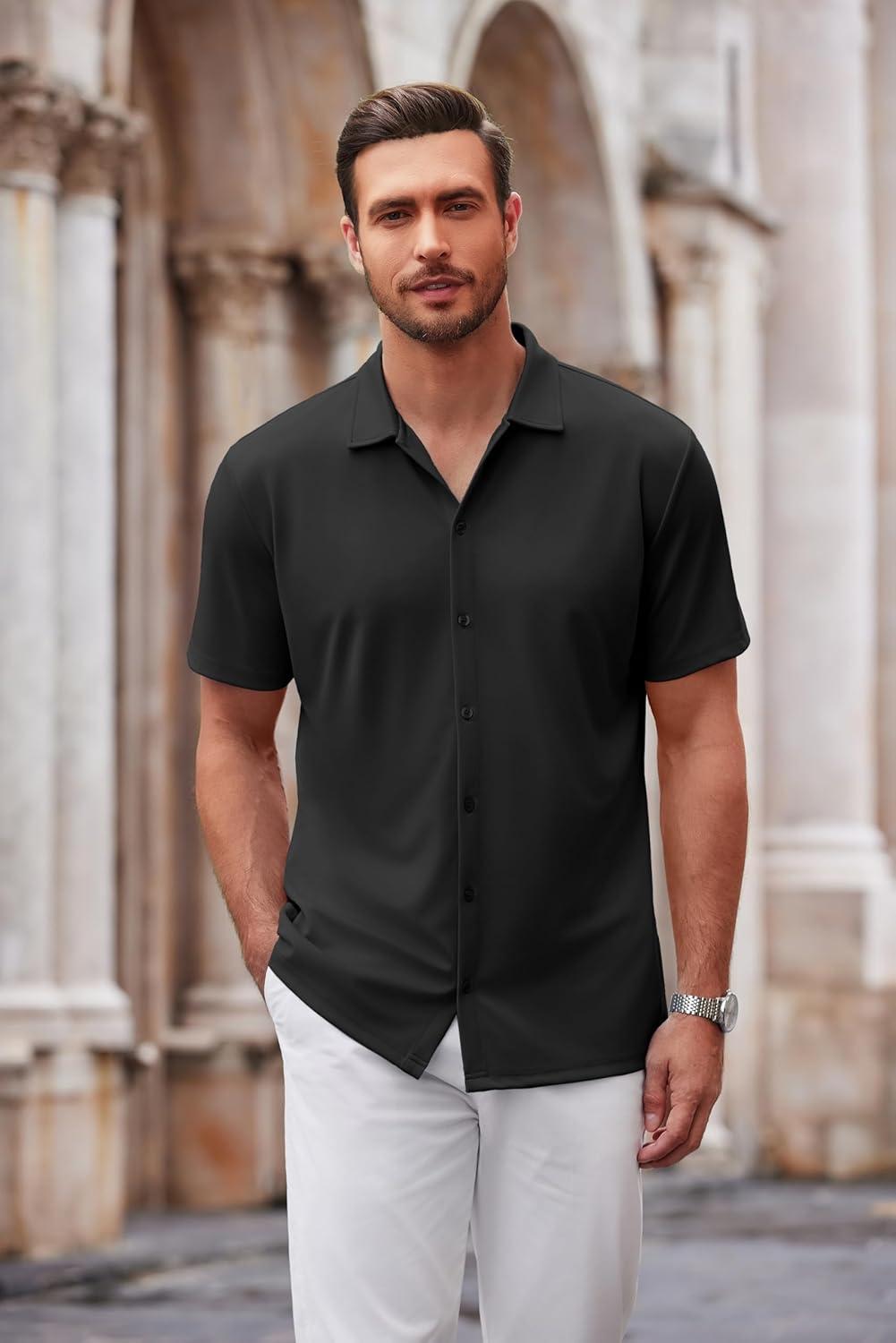 imageCOOFANDY Mens Casual Button Down Shirt Short Sleeve Wrinkle Free Shirts Summer ShirtBlack