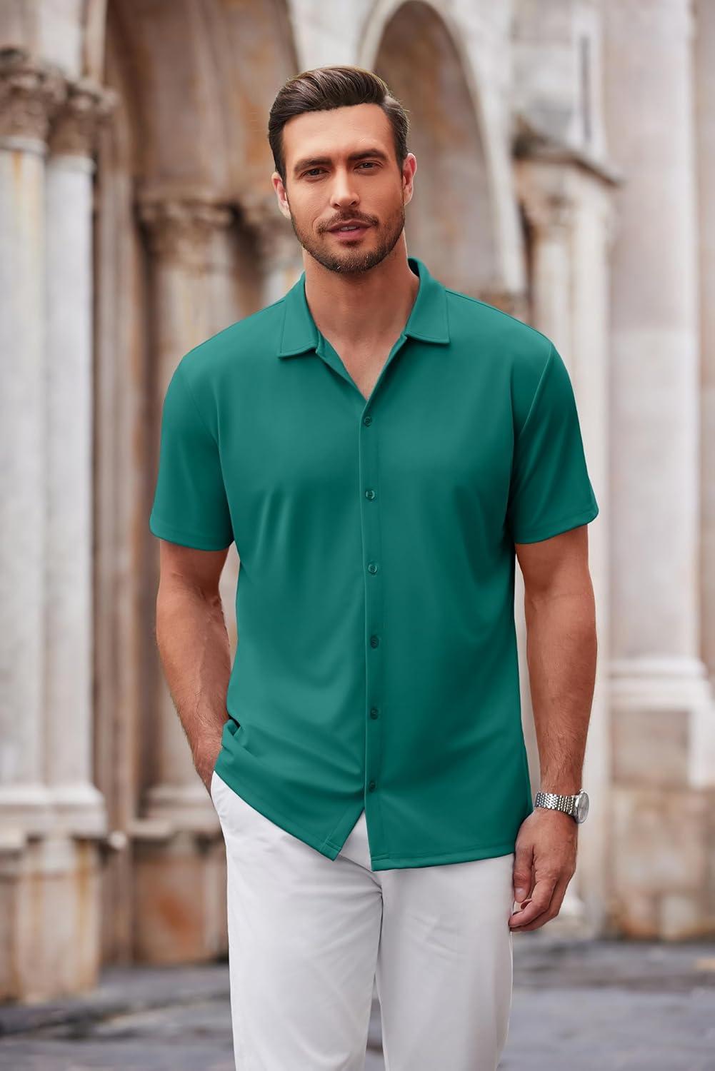 imageCOOFANDY Mens Casual Button Down Shirt Short Sleeve Wrinkle Free Shirts Summer ShirtEvergreen