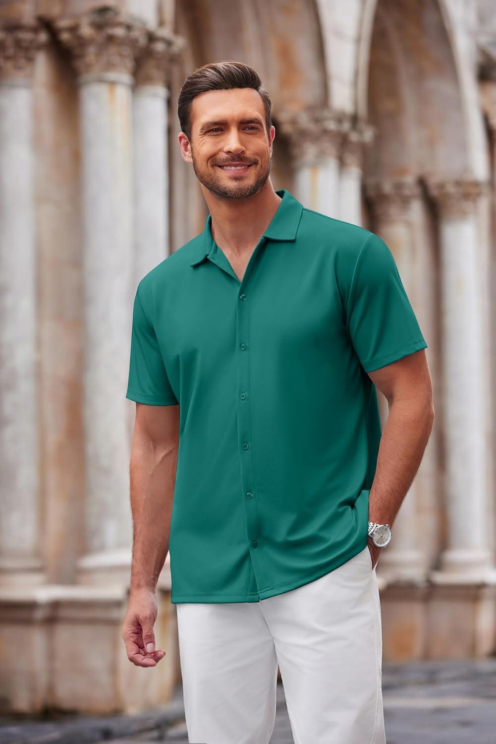 imageCOOFANDY Mens Casual Button Down Shirt Short Sleeve Wrinkle Free Shirts Summer ShirtEvergreen
