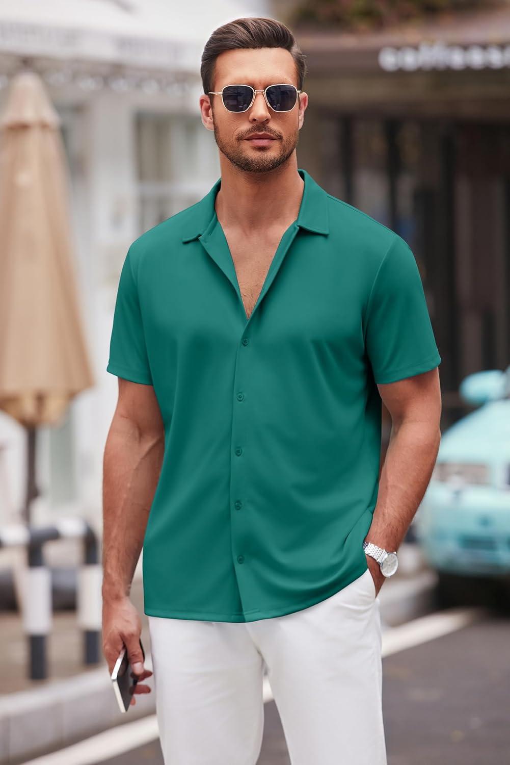 imageCOOFANDY Mens Casual Button Down Shirt Short Sleeve Wrinkle Free Shirts Summer ShirtEvergreen