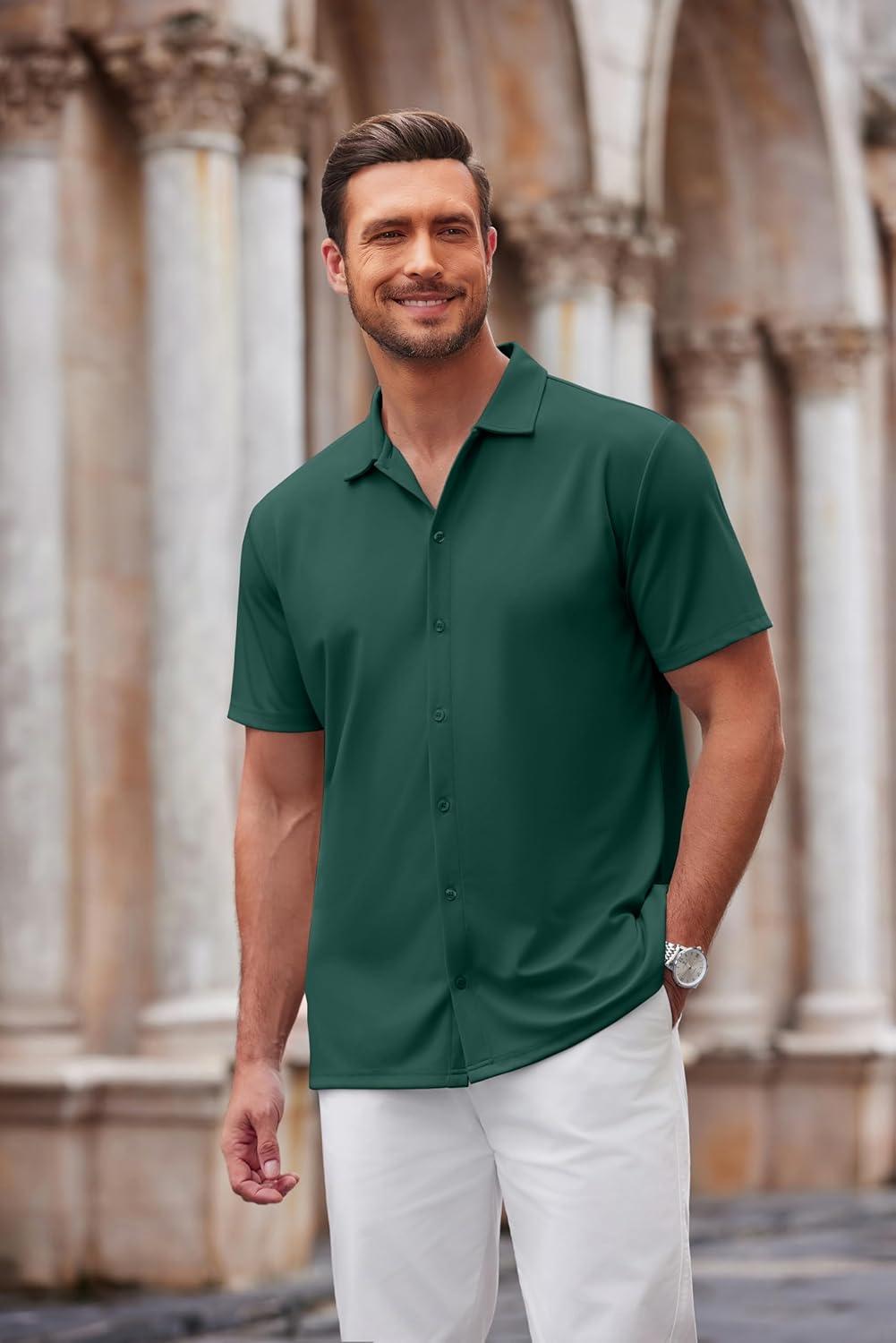 imageCOOFANDY Mens Casual Button Down Shirt Short Sleeve Wrinkle Free Shirts Summer ShirtLake Green