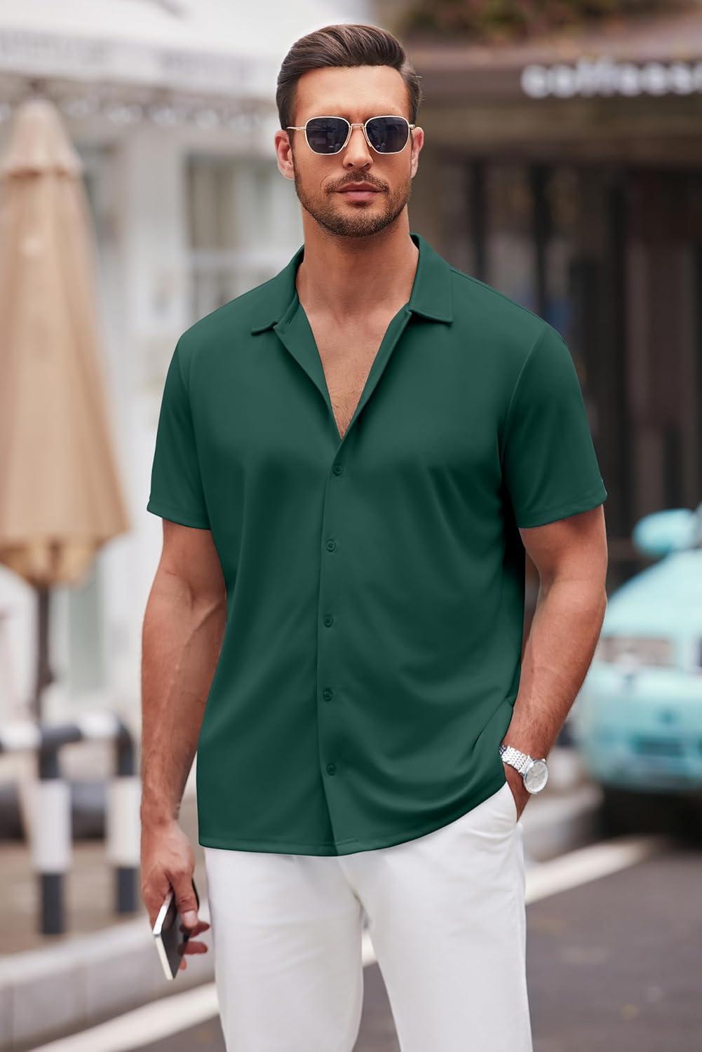 imageCOOFANDY Mens Casual Button Down Shirt Short Sleeve Wrinkle Free Shirts Summer ShirtLake Green