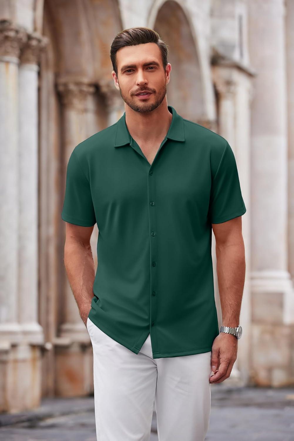 imageCOOFANDY Mens Casual Button Down Shirt Short Sleeve Wrinkle Free Shirts Summer ShirtLake Green