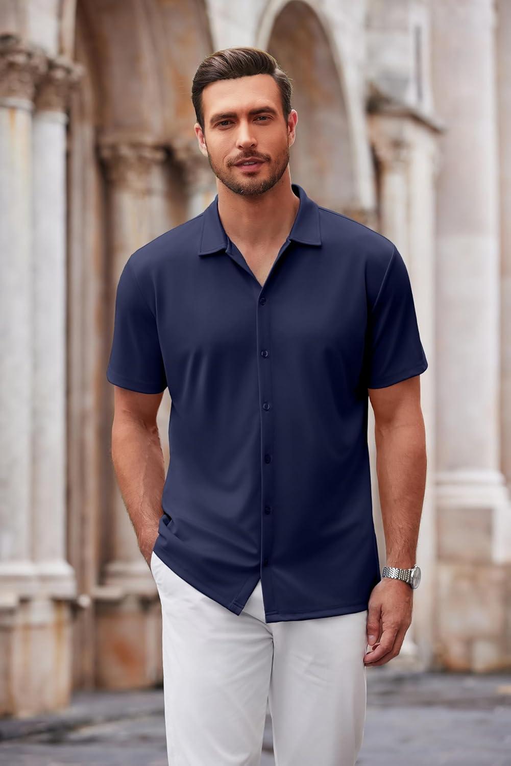 imageCOOFANDY Mens Casual Button Down Shirt Short Sleeve Wrinkle Free Shirts Summer ShirtNavy Blue