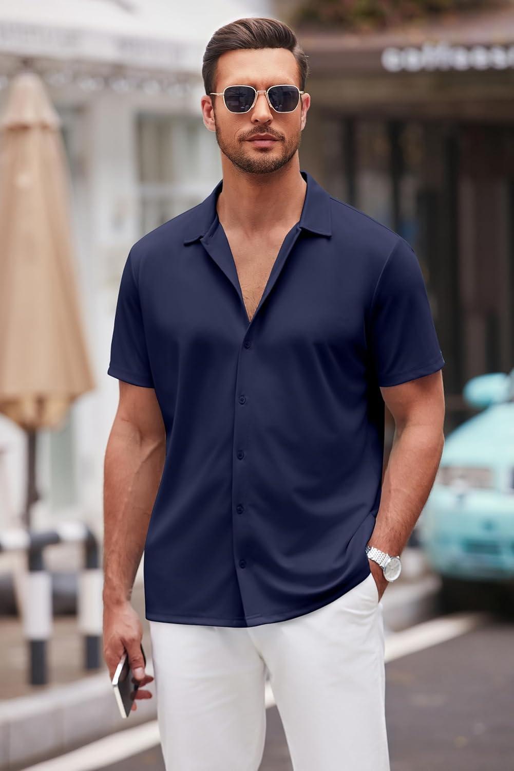 imageCOOFANDY Mens Casual Button Down Shirt Short Sleeve Wrinkle Free Shirts Summer ShirtNavy Blue