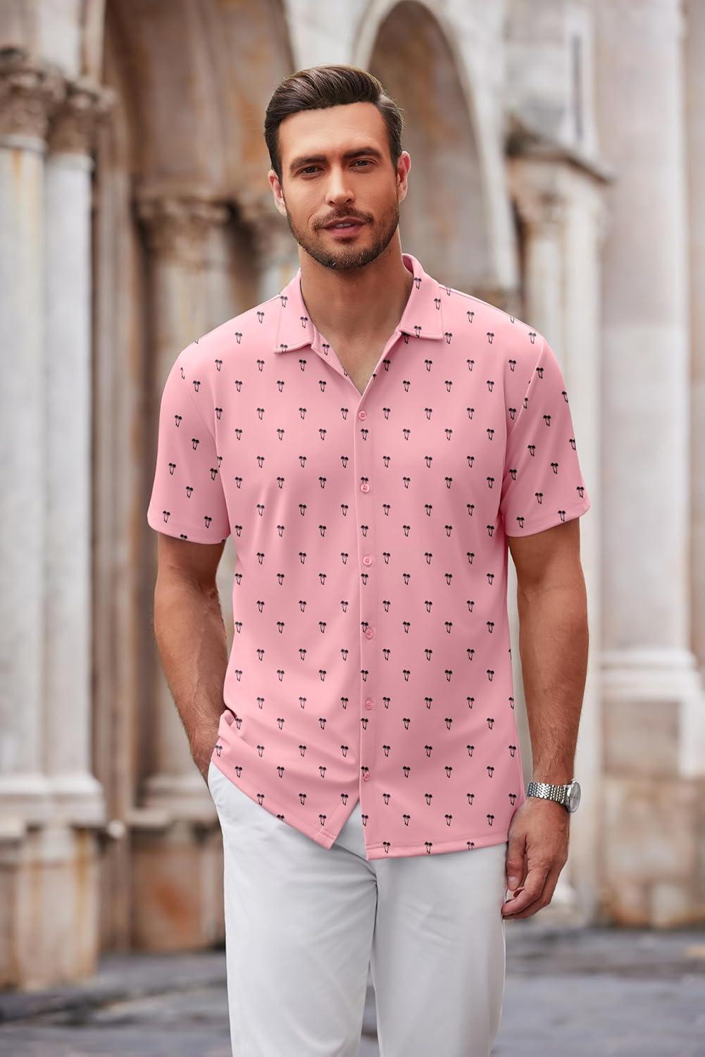 imageCOOFANDY Mens Casual Button Down Shirt Short Sleeve Wrinkle Free Shirts Summer ShirtOrange Pink Palm Tree
