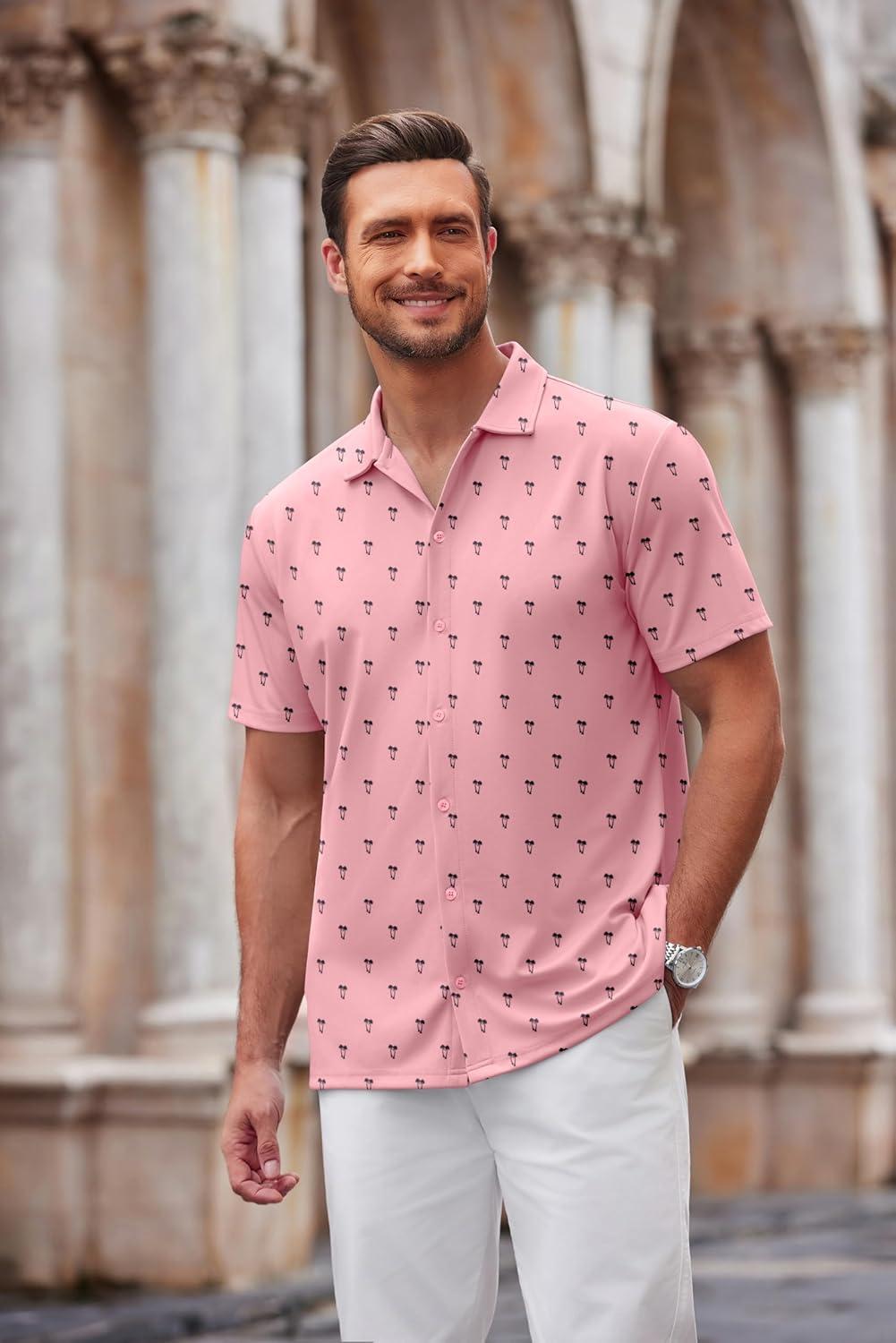 imageCOOFANDY Mens Casual Button Down Shirt Short Sleeve Wrinkle Free Shirts Summer ShirtOrange Pink Palm Tree