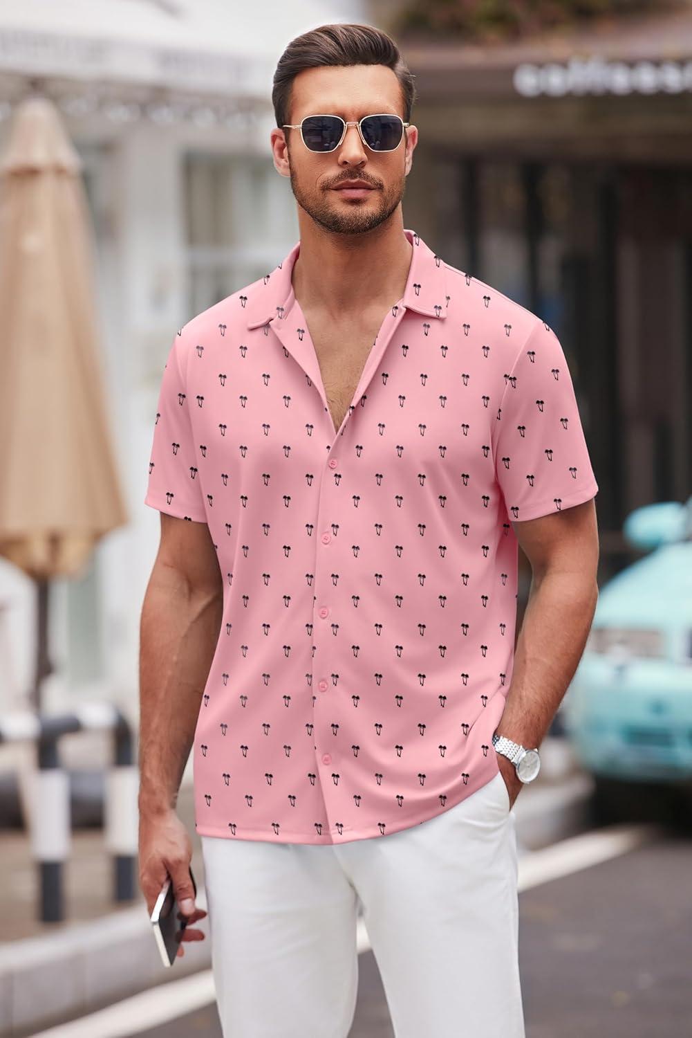 imageCOOFANDY Mens Casual Button Down Shirt Short Sleeve Wrinkle Free Shirts Summer ShirtOrange Pink Palm Tree