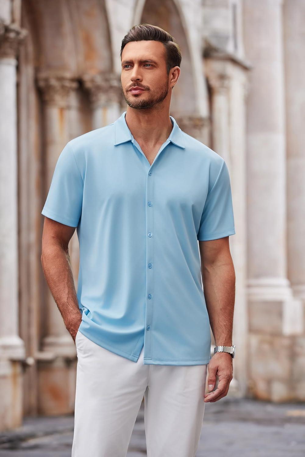 imageCOOFANDY Mens Casual Button Down Shirt Short Sleeve Wrinkle Free Shirts Summer ShirtSky Blue
