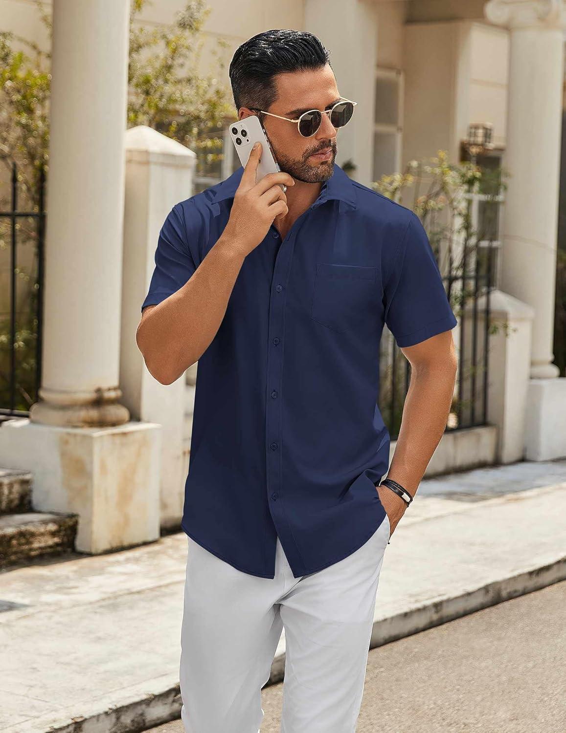 imageCOOFANDY Mens Casual Button Down Shirts Short Sleeve Summer Untucked Dress Shirt with PocketNavy Blue