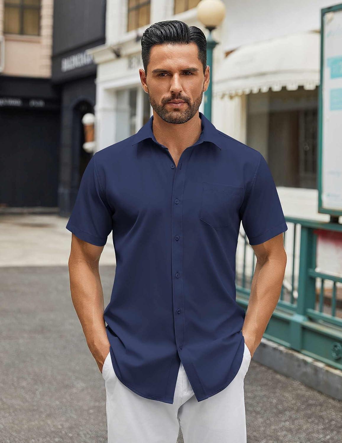 imageCOOFANDY Mens Casual Button Down Shirts Short Sleeve Summer Untucked Dress Shirt with PocketNavy Blue