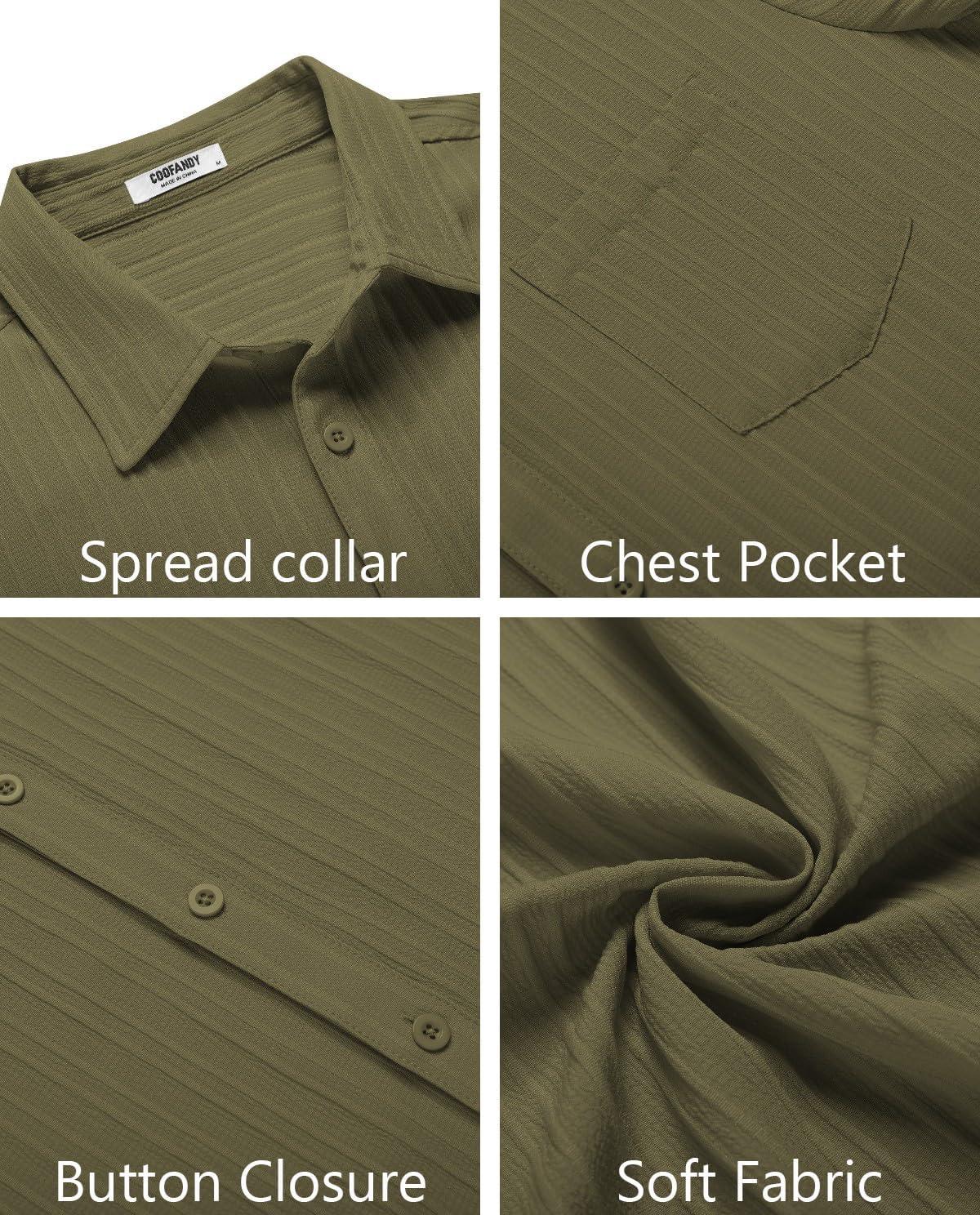 imageCOOFANDY Mens Casual Button Down Shirts Short Sleeve Textured Summer Beach Shirt with PocketArmy Green