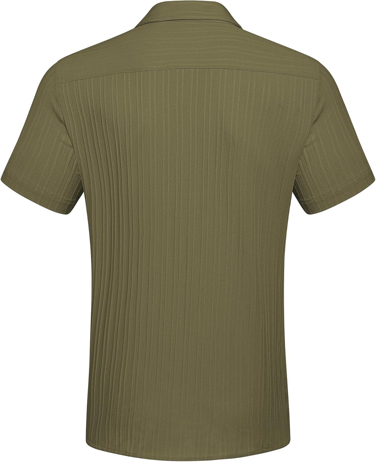 imageCOOFANDY Mens Casual Button Down Shirts Short Sleeve Textured Summer Beach Shirt with PocketArmy Green