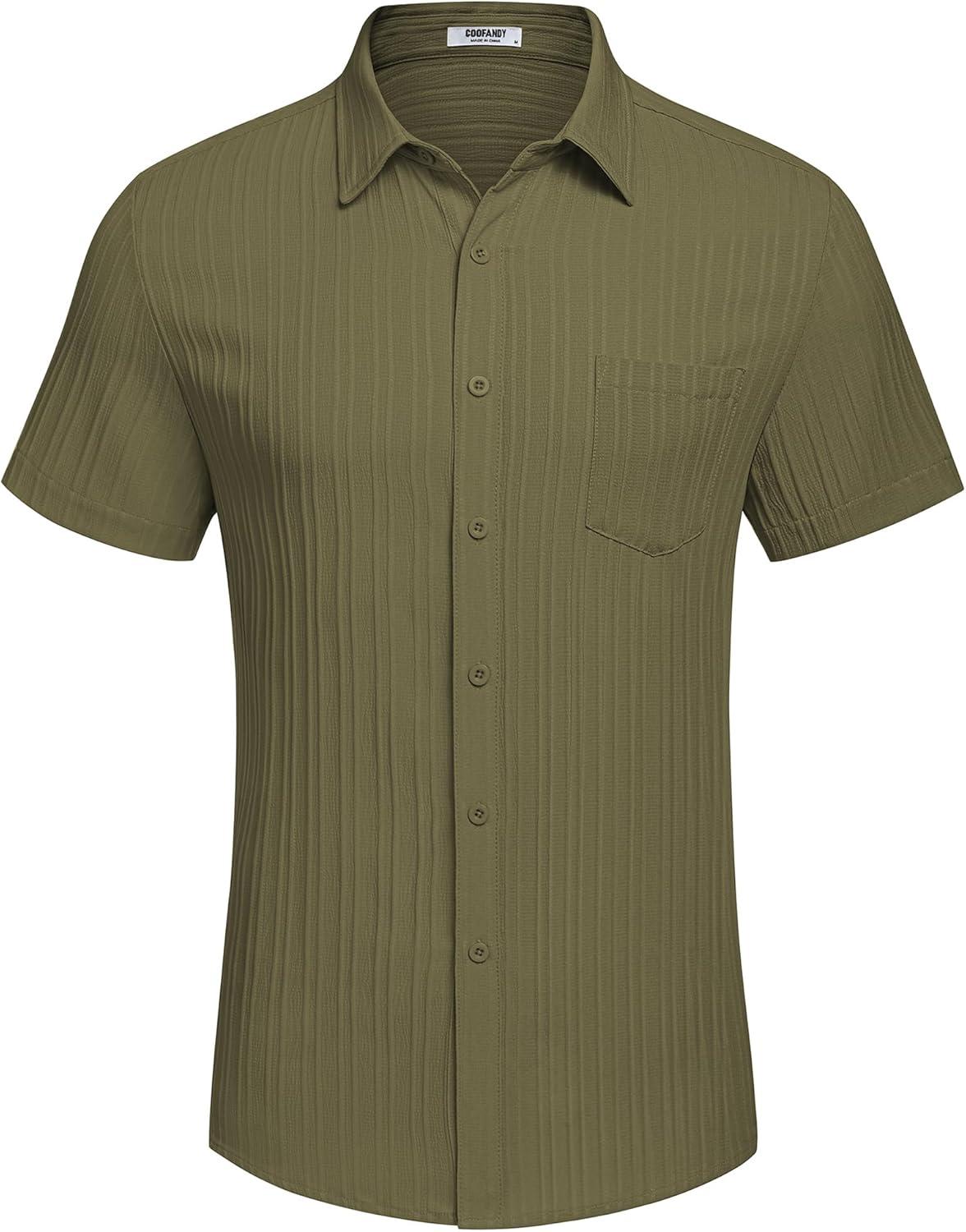 imageCOOFANDY Mens Casual Button Down Shirts Short Sleeve Textured Summer Beach Shirt with PocketArmy Green