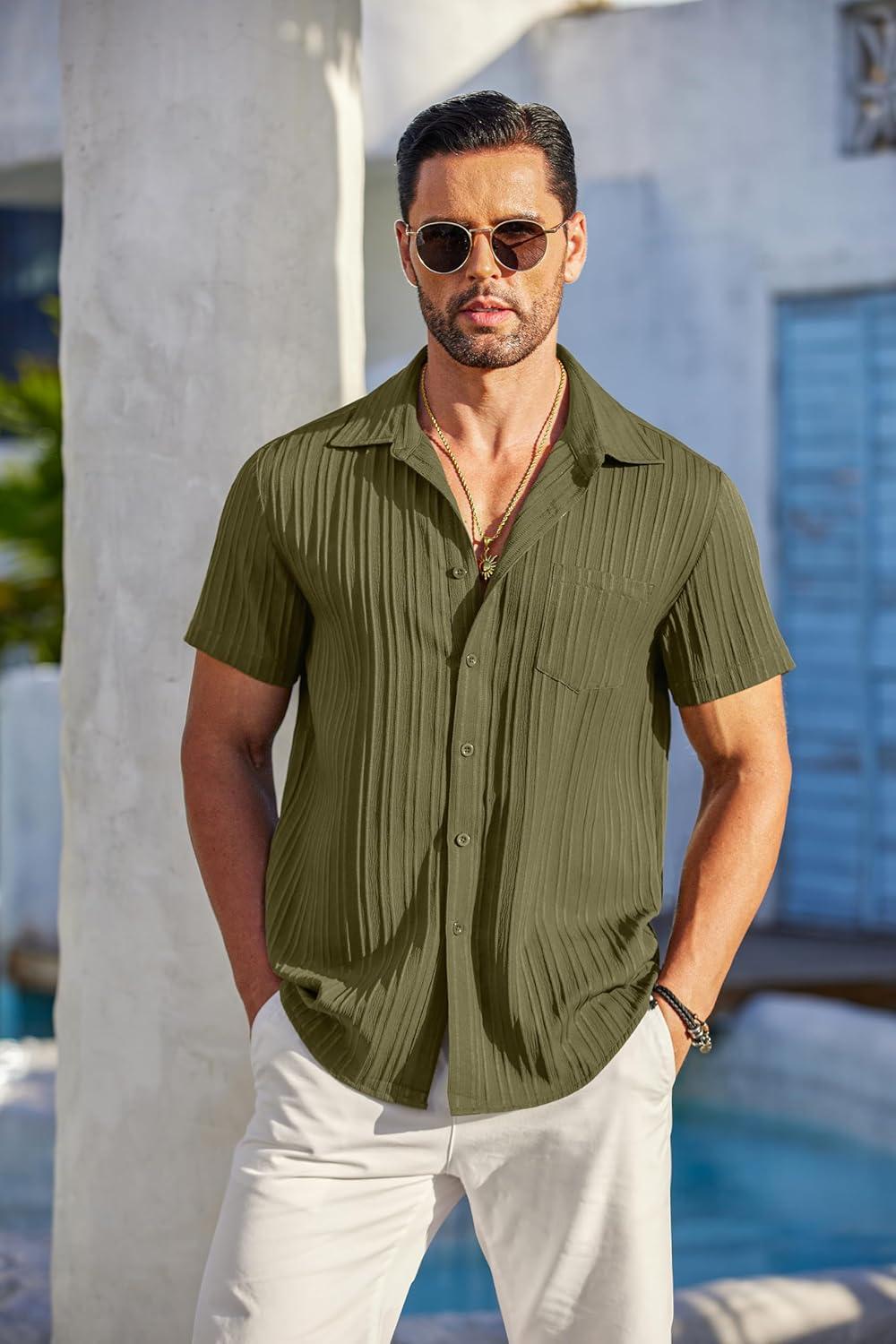 imageCOOFANDY Mens Casual Button Down Shirts Short Sleeve Textured Summer Beach Shirt with PocketArmy Green