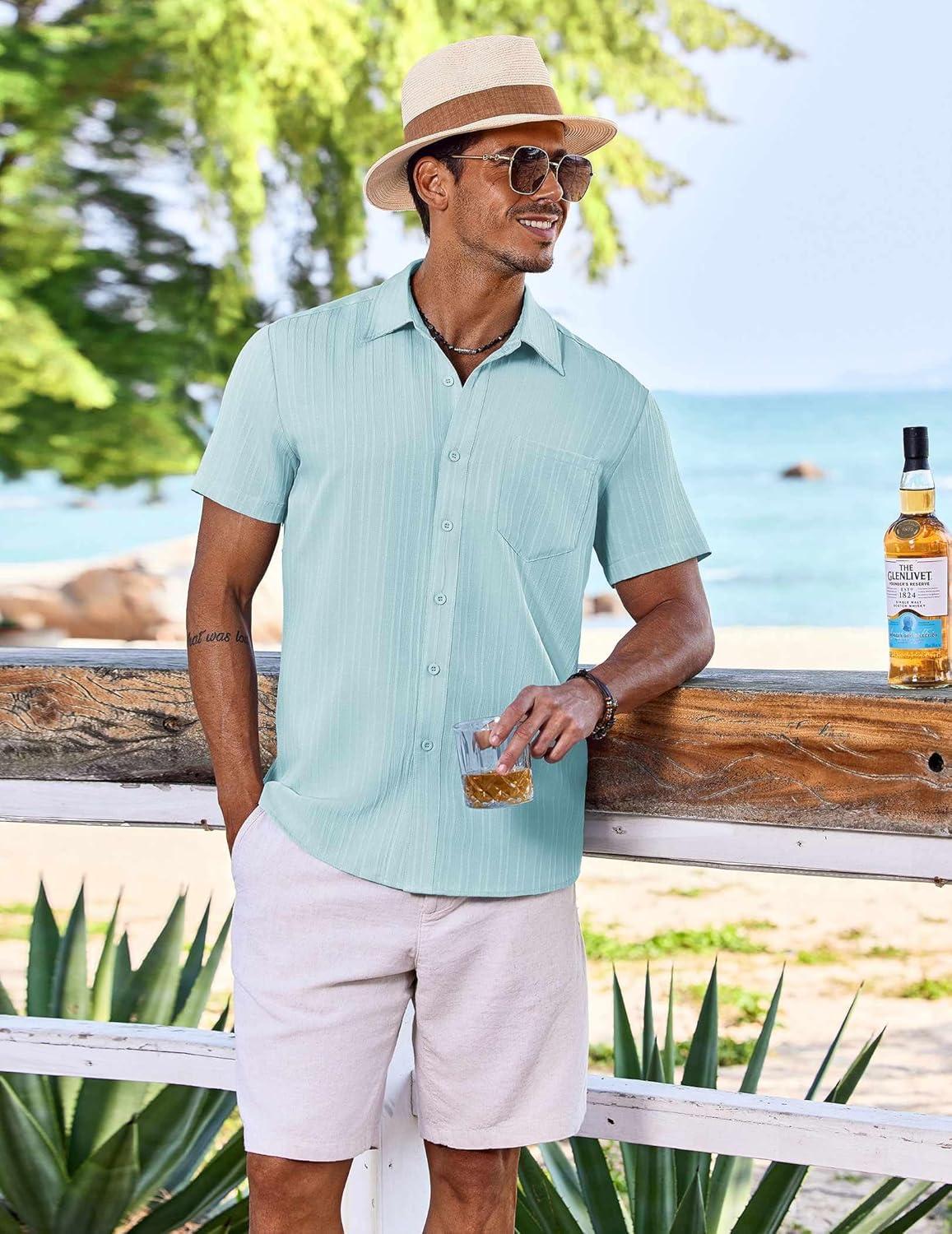 imageCOOFANDY Mens Casual Button Down Shirts Short Sleeve Textured Summer Beach Shirt with PocketBaby Blue