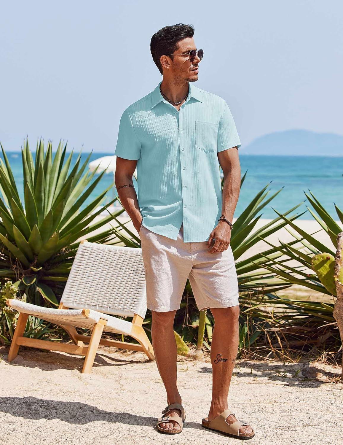 imageCOOFANDY Mens Casual Button Down Shirts Short Sleeve Textured Summer Beach Shirt with PocketBaby Blue