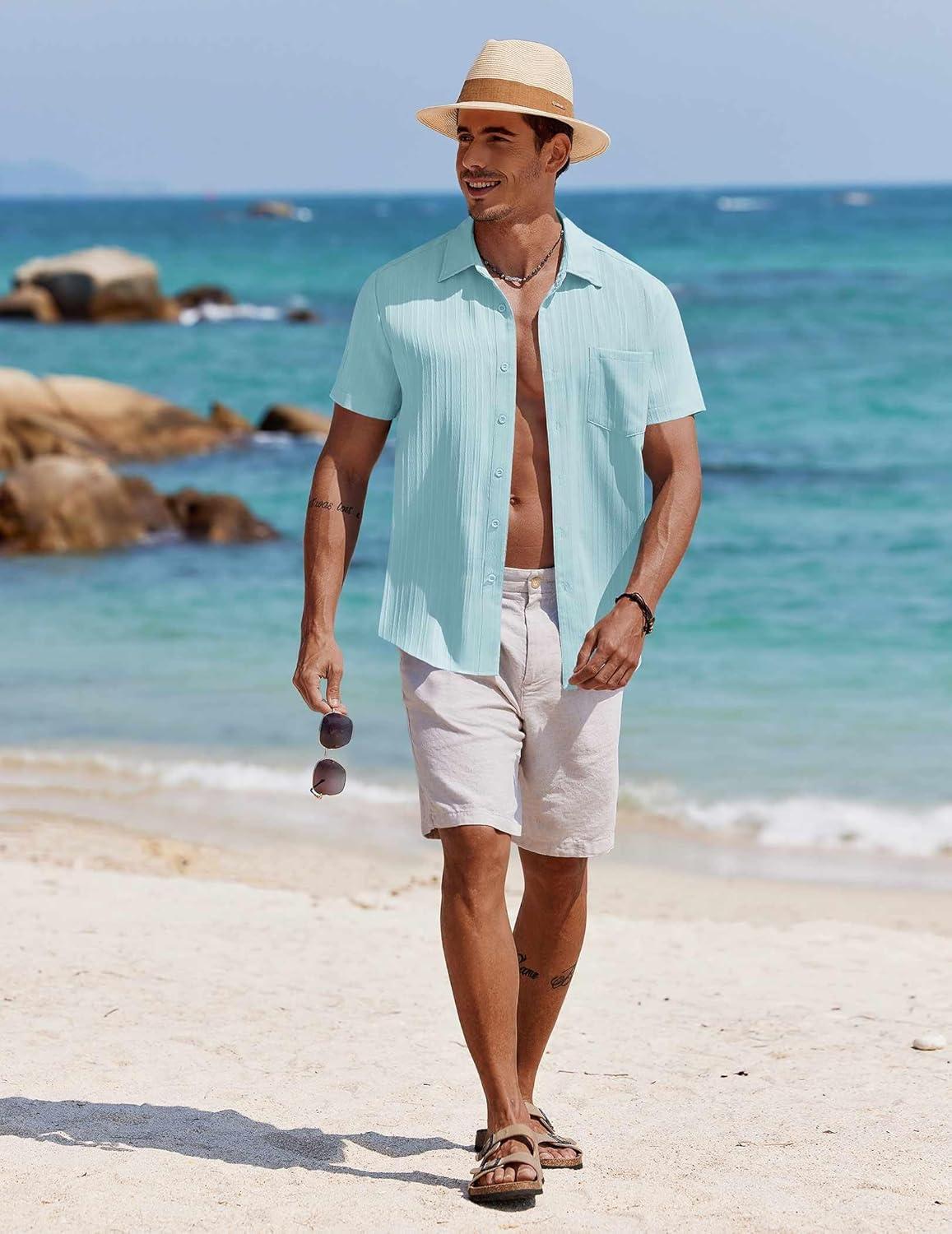 imageCOOFANDY Mens Casual Button Down Shirts Short Sleeve Textured Summer Beach Shirt with PocketBaby Blue